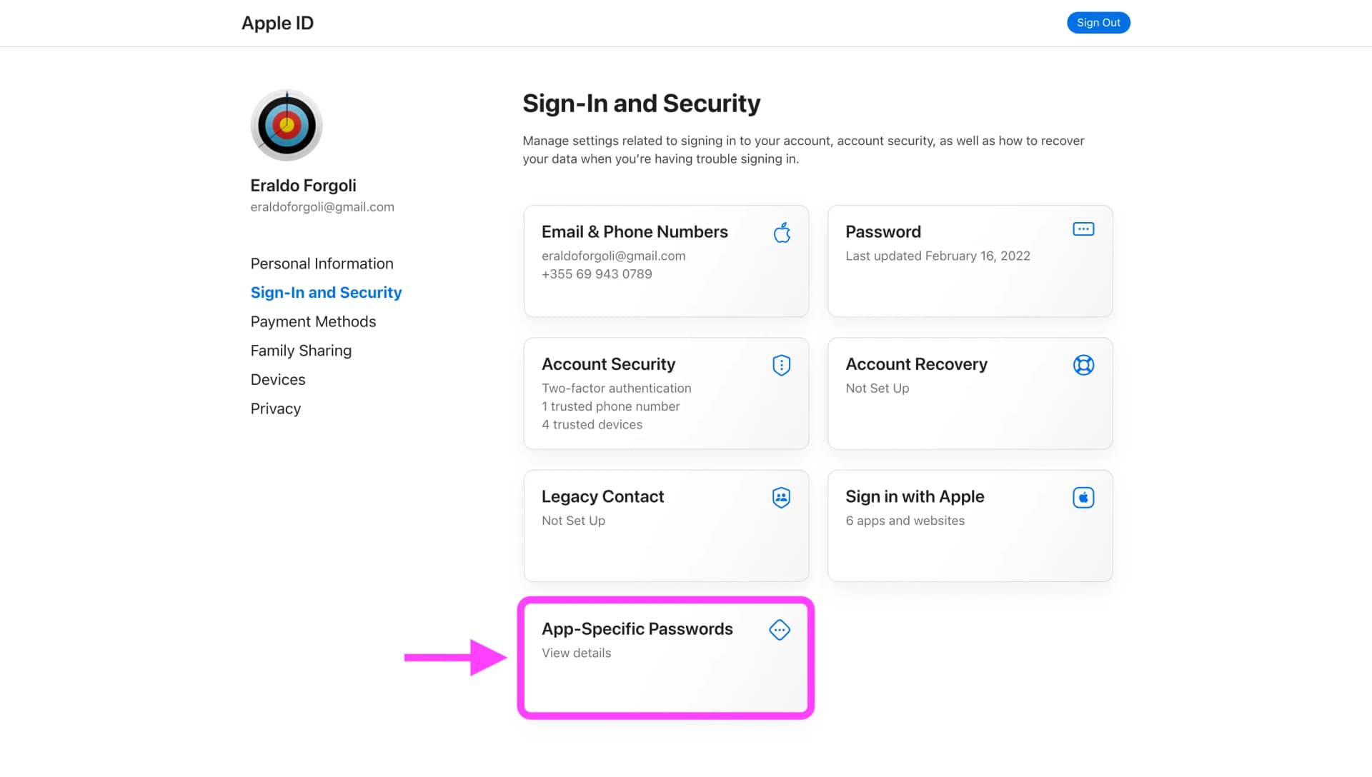 Apple ID - App-Specific Password section