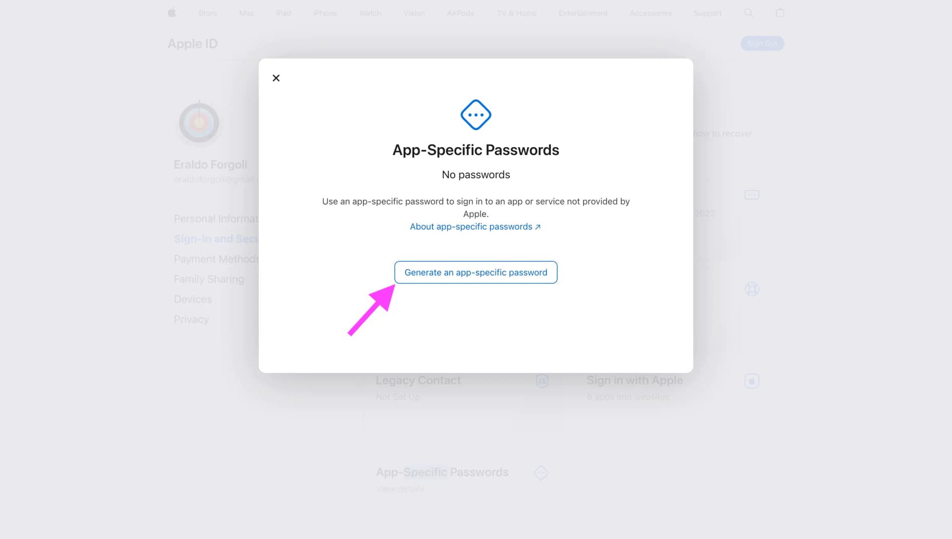 Apple ID - Click Generate App-Specific Password