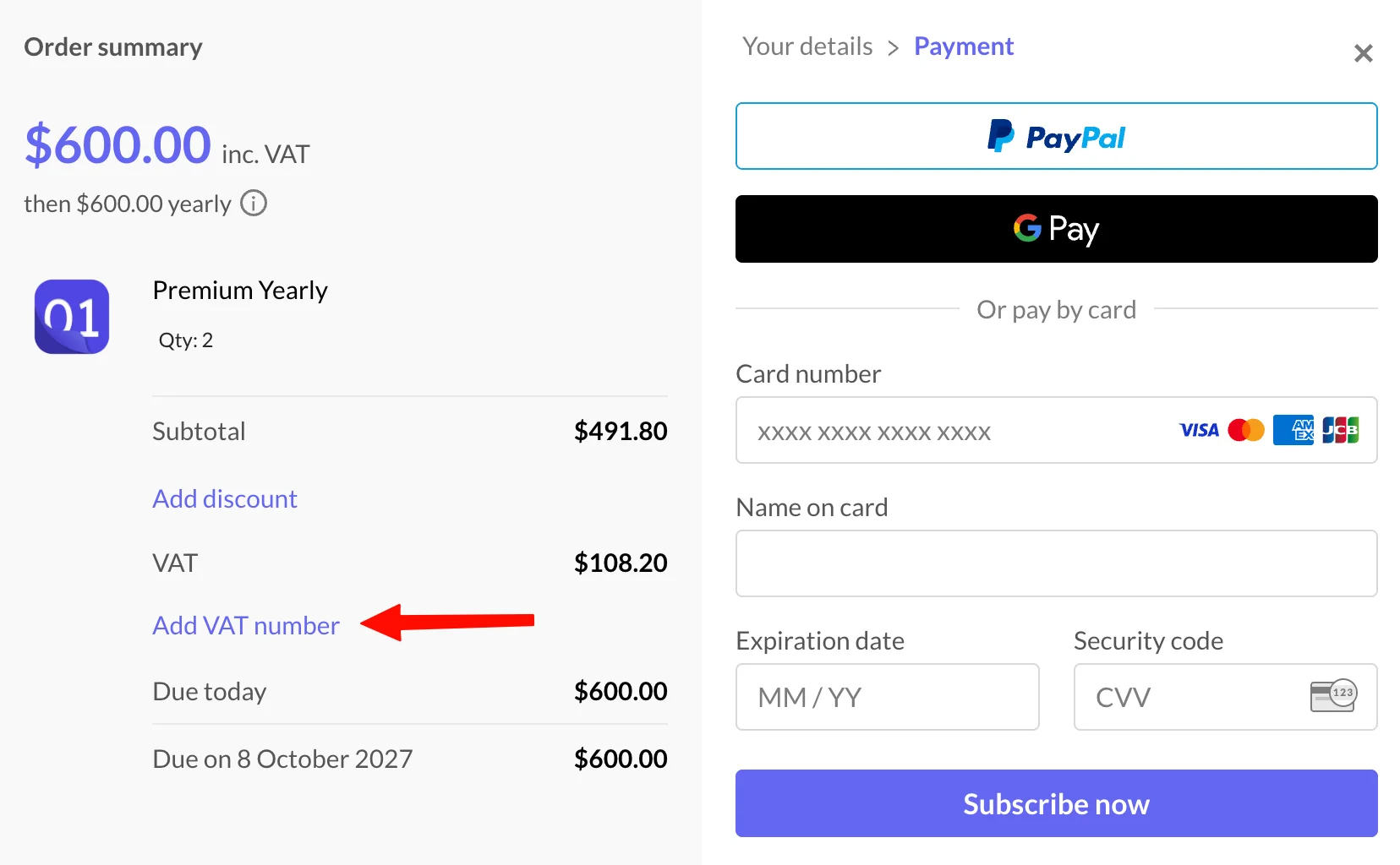 El paso Payment del checkout con el enlace Add VAT number resaltado en el resumen del pedido