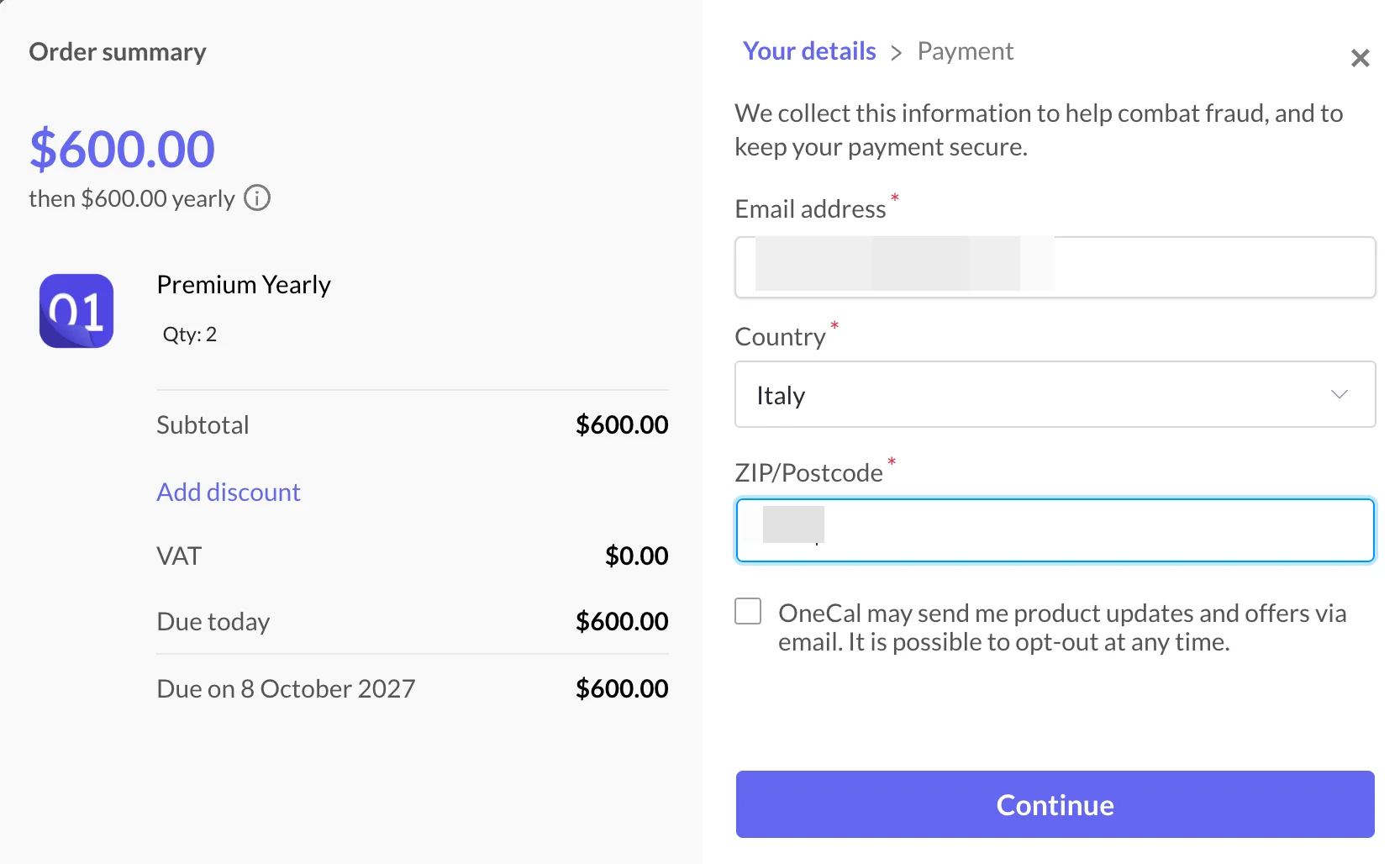 El paso Your details del checkout con los campos Email address, Country y ZIP/Postcode y el botón Continue