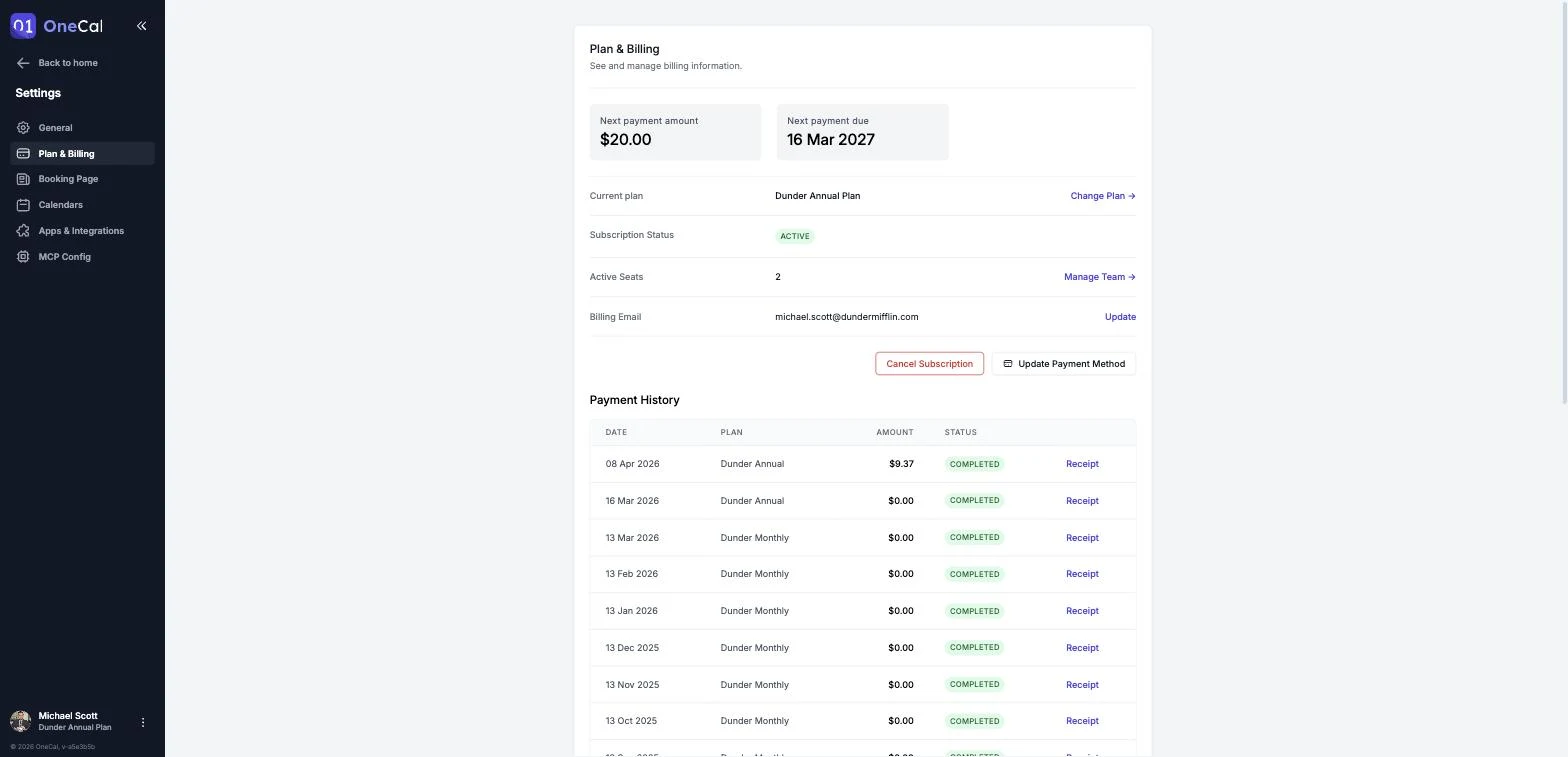 La page Plan & Facturation montrant le plan actuel, le prochain paiement et l'historique des paiements