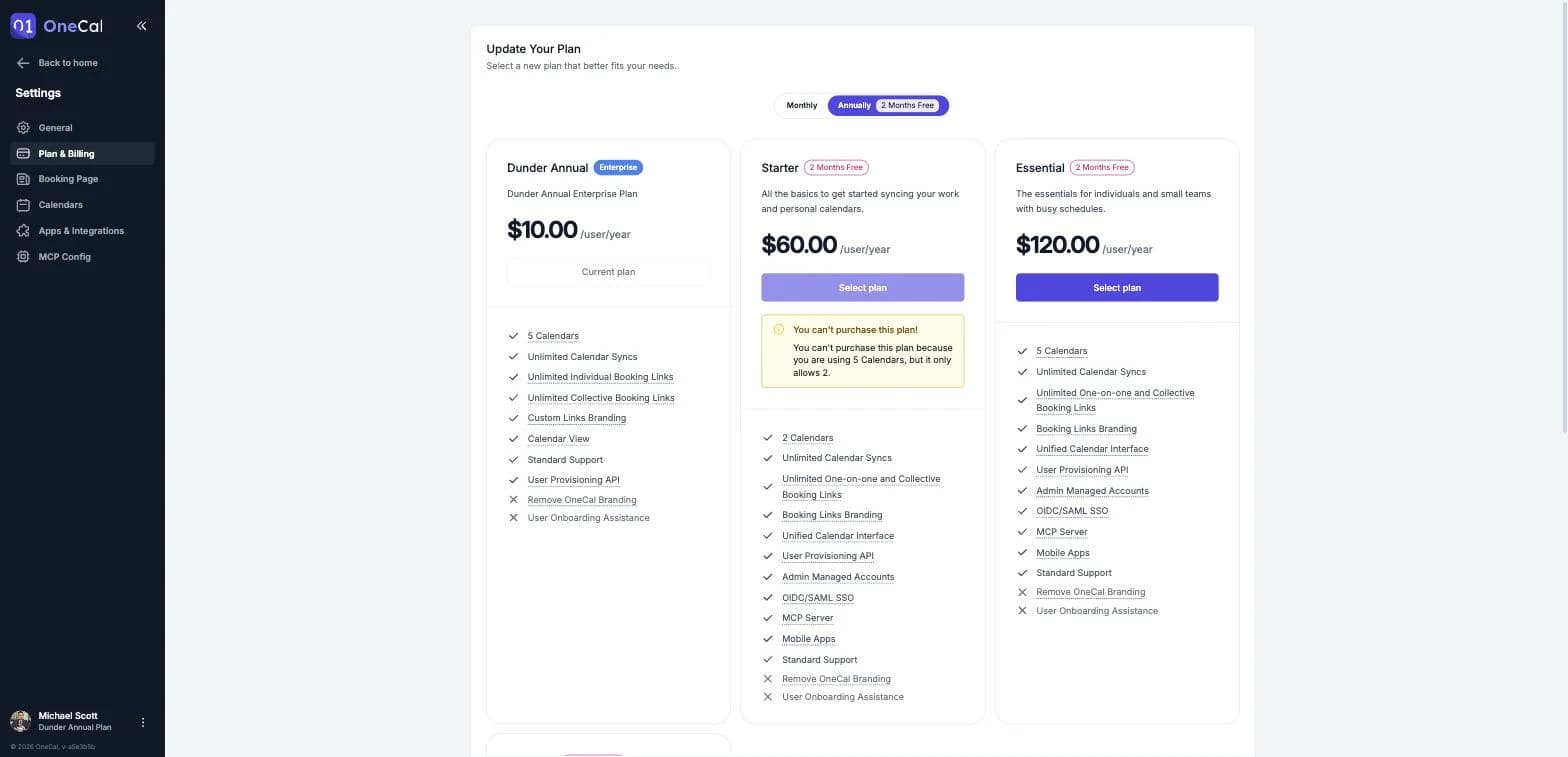 The plan selector on the purchase page, showing the Starter, Essential and Premium plans