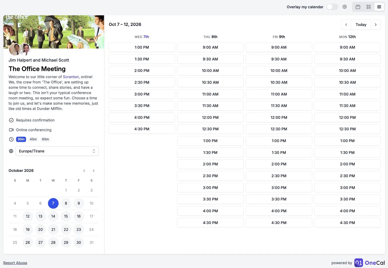 A booking link in the Column View with the available times of each day in its own column