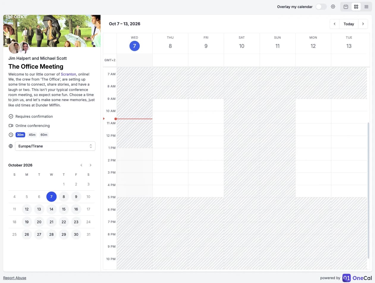 A booking link in the Weekly View with the unavailable times shaded