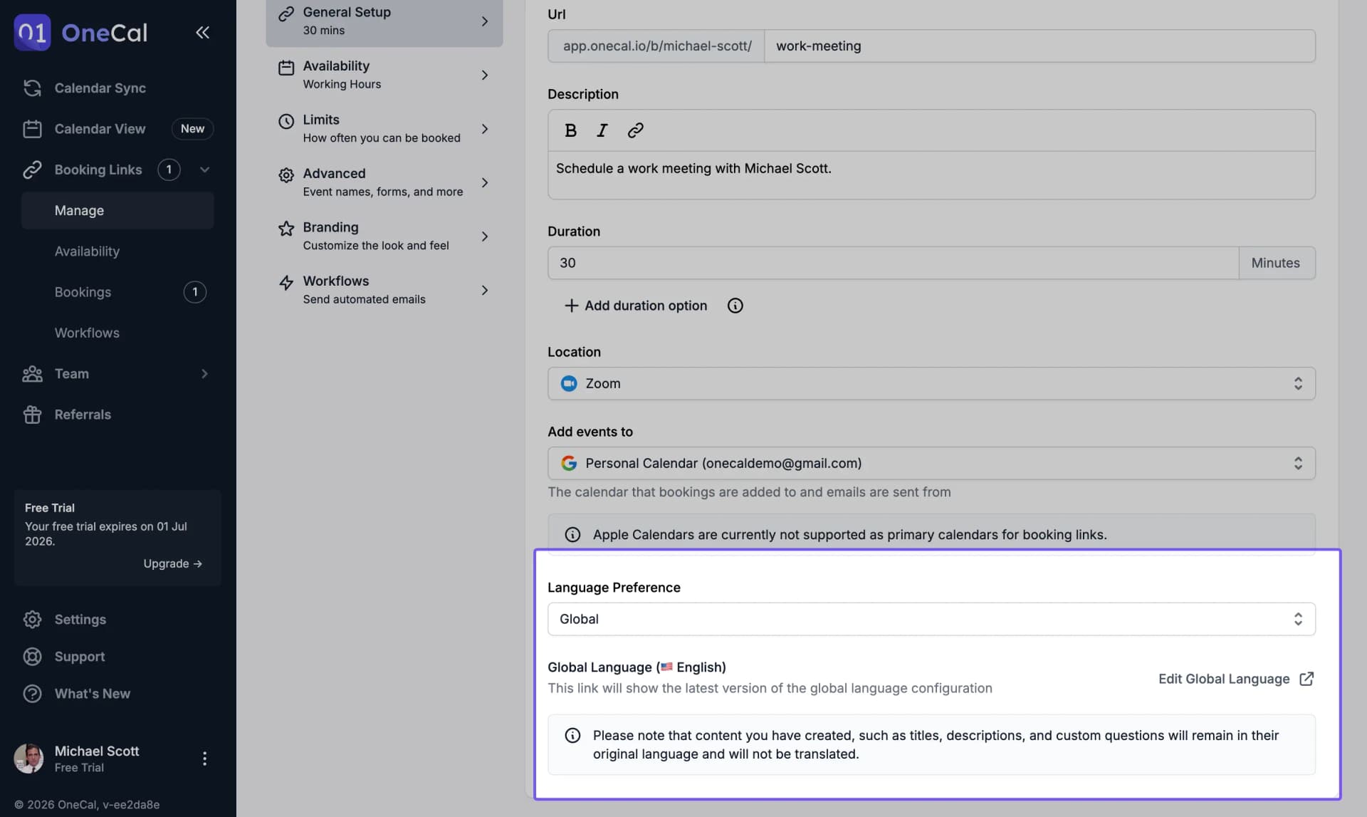 Impostazione Preferenza Lingua dei Link di Prenotazione