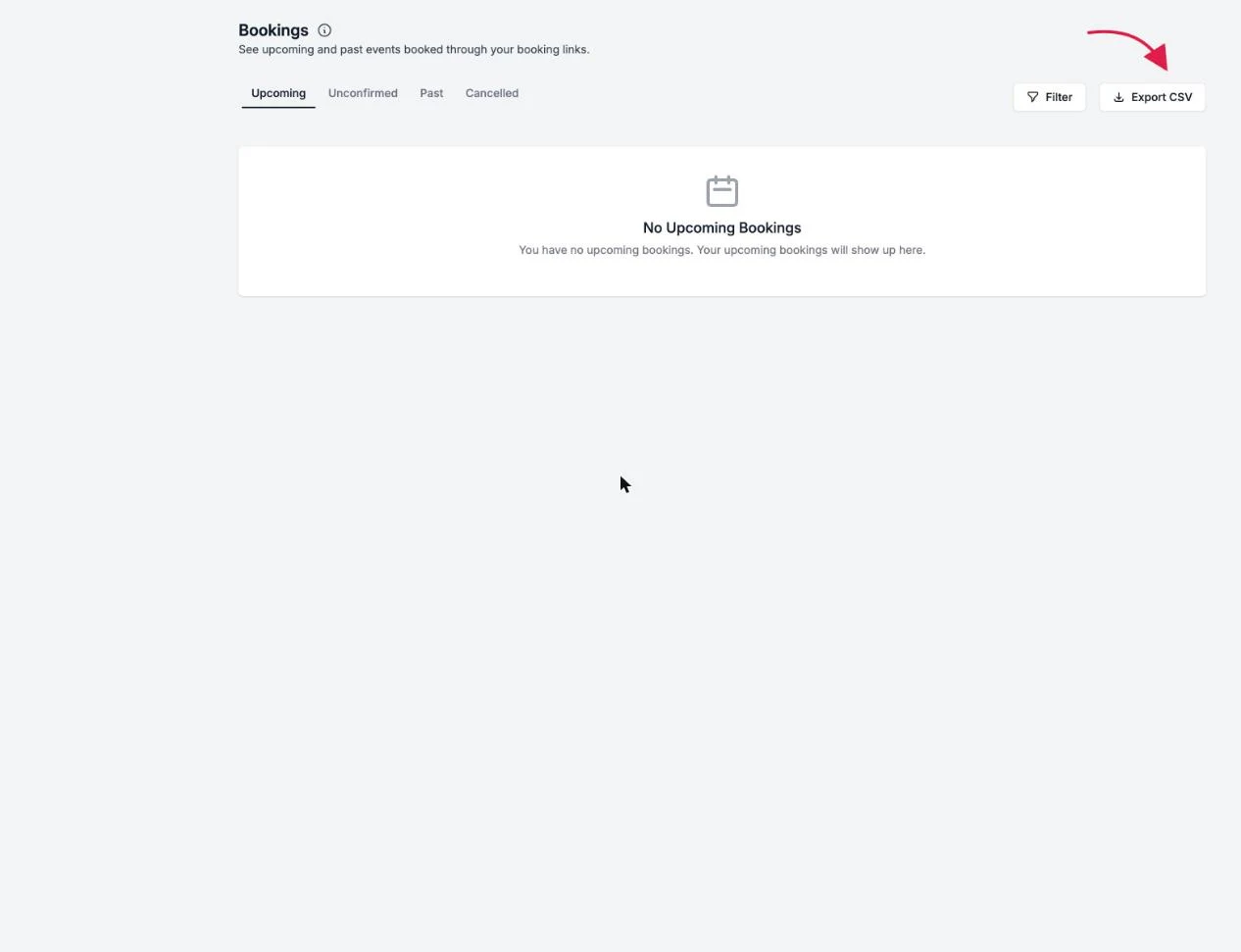 La página de reservas con el botón de Exportar CSV y el filtro de enlace de reserva
