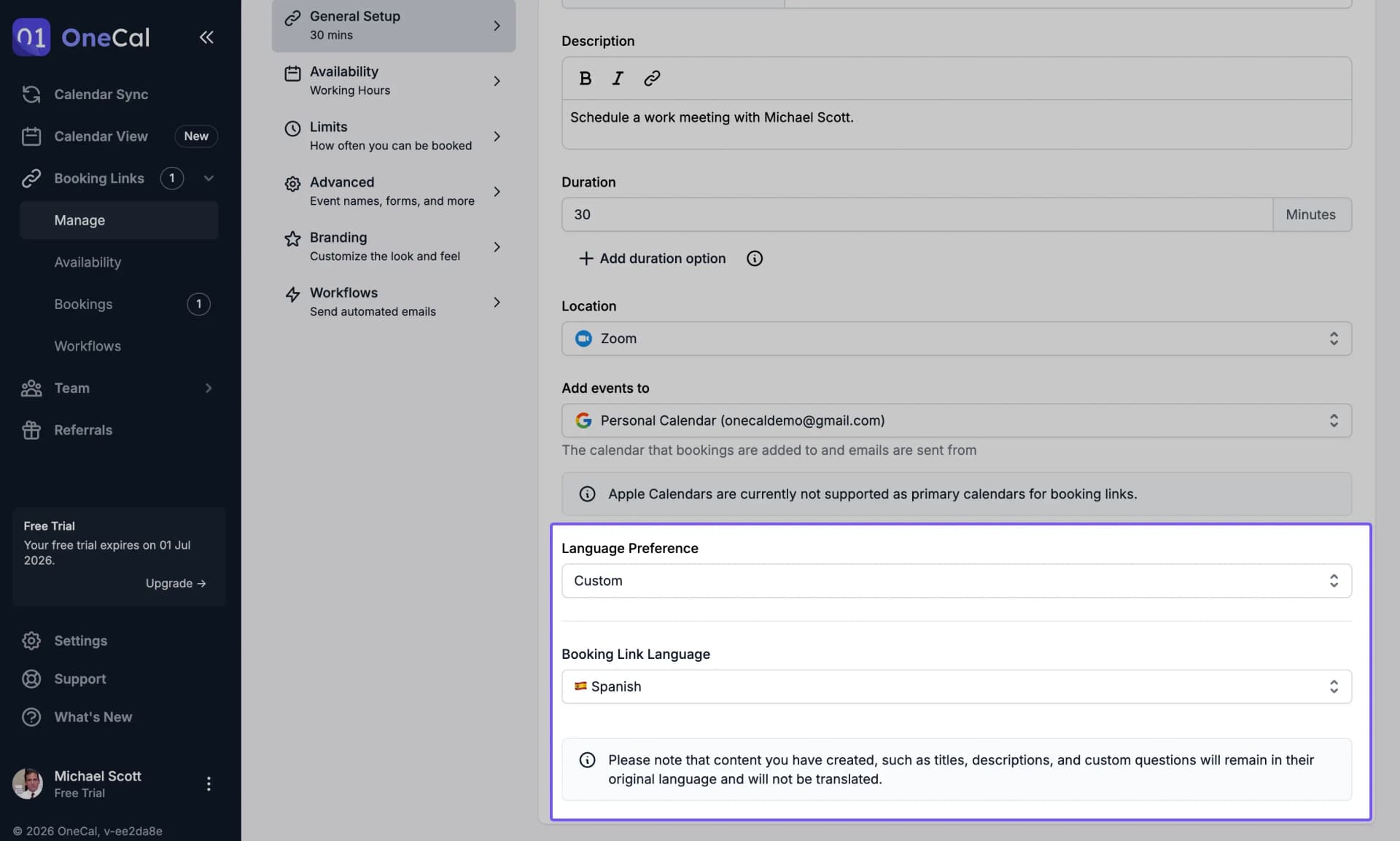 Interfaccia Preferenza Lingua del Link di Prenotazione impostata su Personalizzata