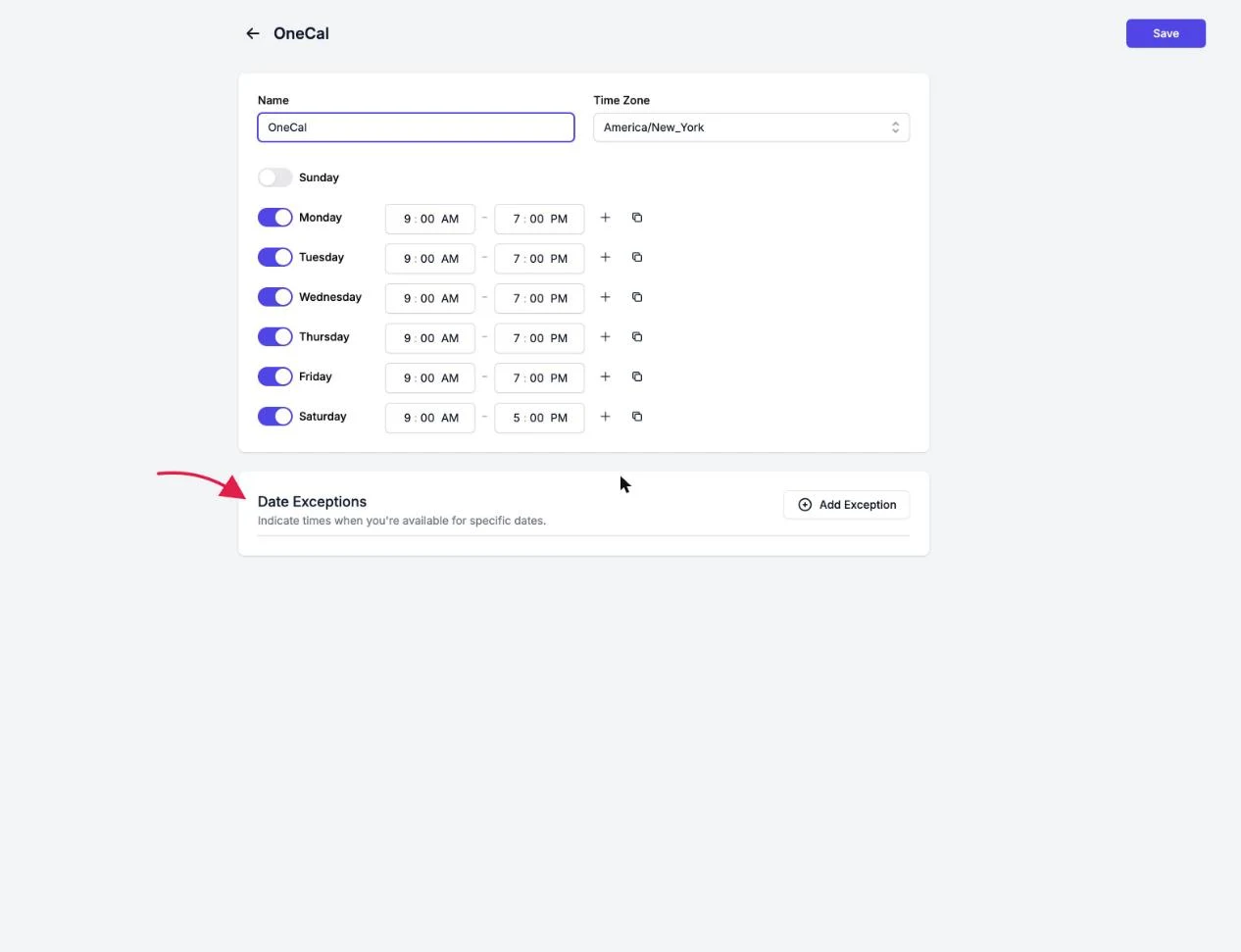 The Date Exceptions card on the availability schedule page