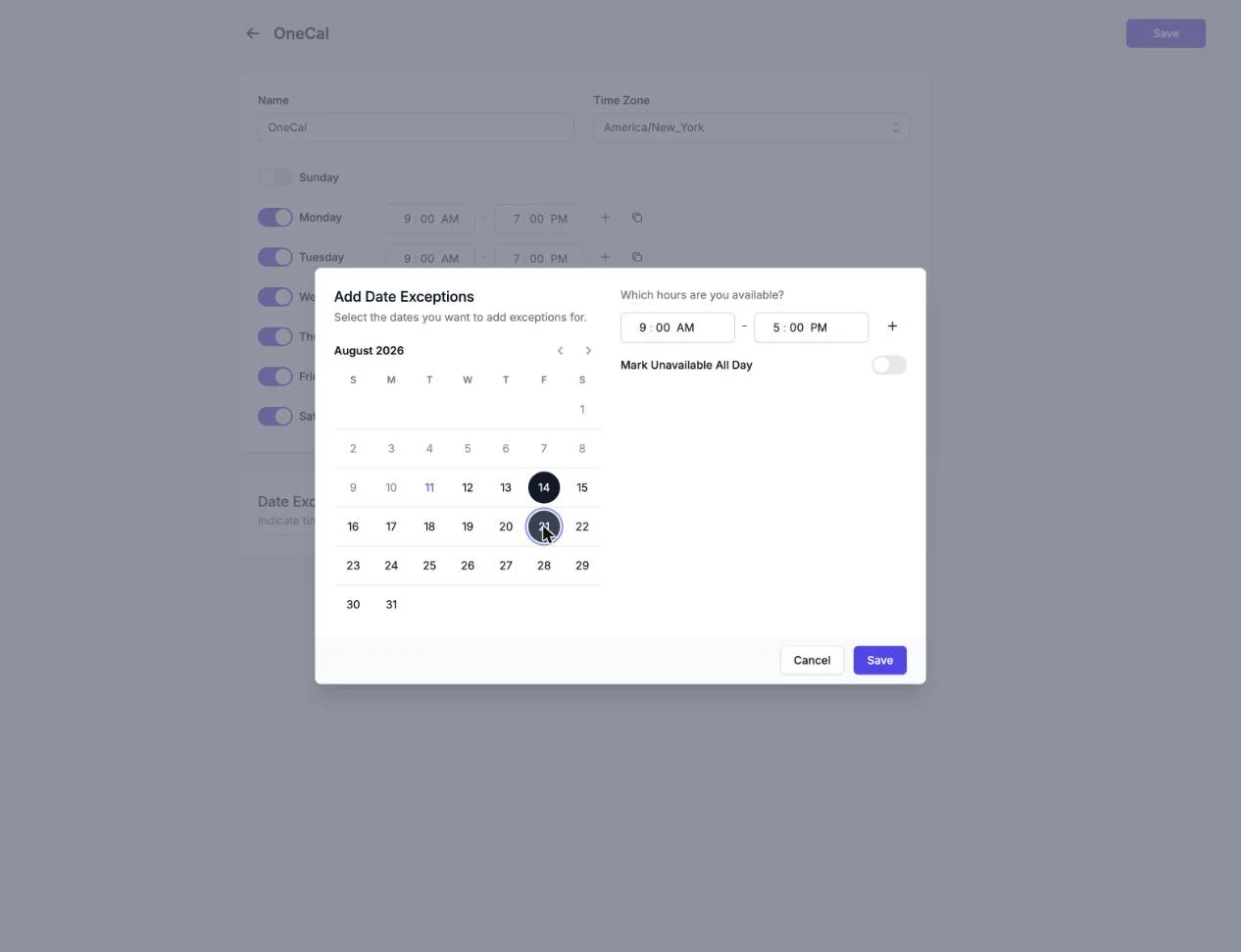 The Add Date Exceptions modal with dates selected and the hours editor