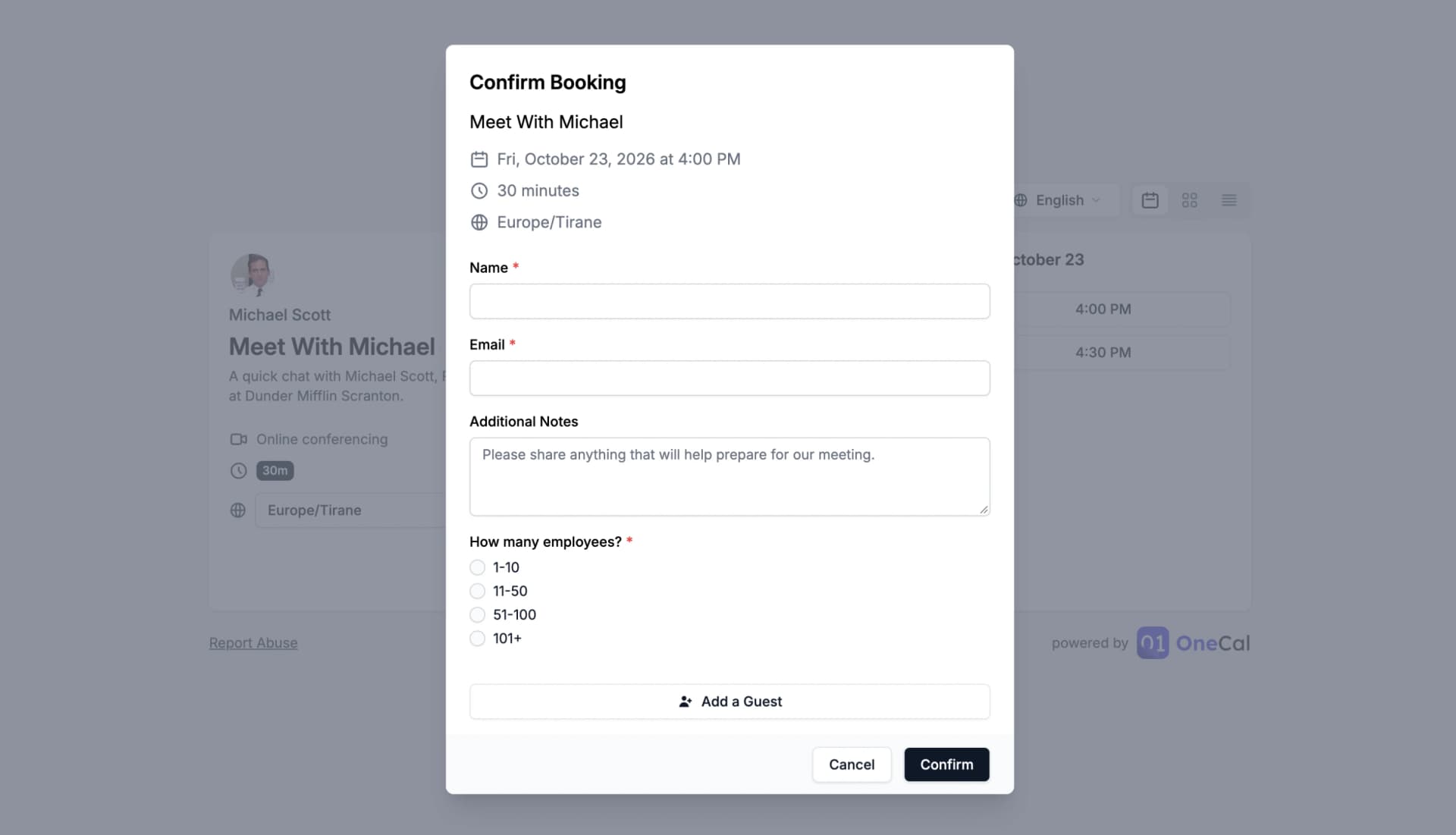 The booking form opened with ?source=newsletter in the URL. The hidden Source question is not shown to the scheduler