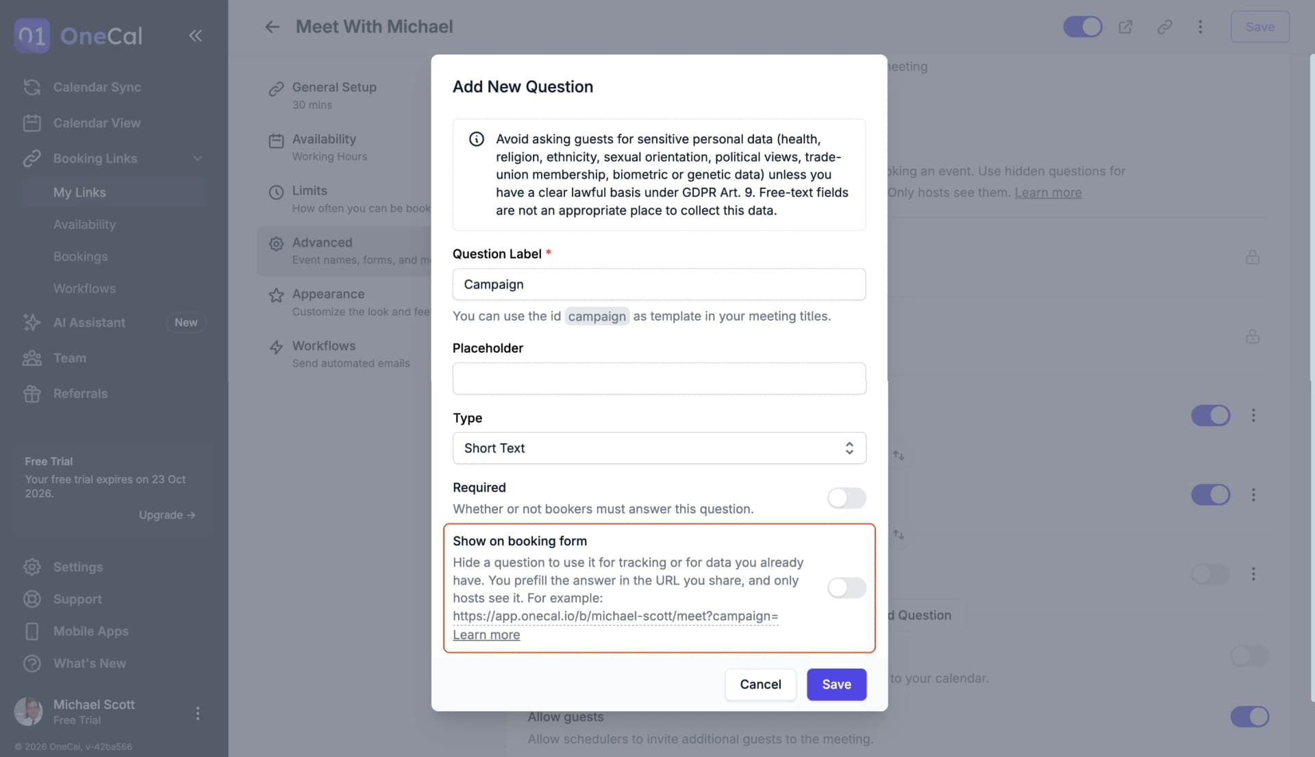 The Show on booking form switch turned off in the Add New Question modal, with an example prefill URL and a Learn more link