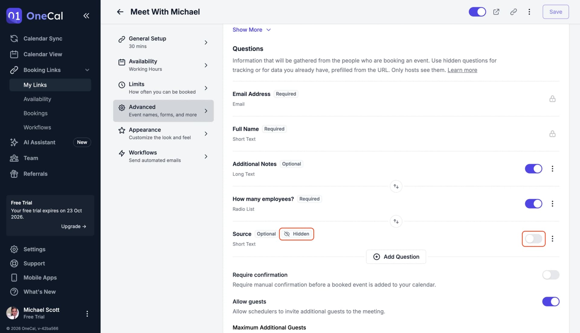 A hidden question in the Questions list, with the Hidden tag and the Show on booking form switch turned off