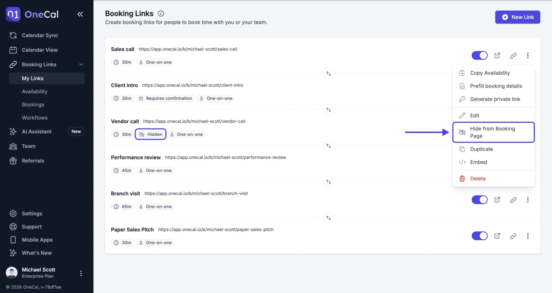 Attiva, Disattiva o Nascondi un Link di Prenotazione | OneCal Docs