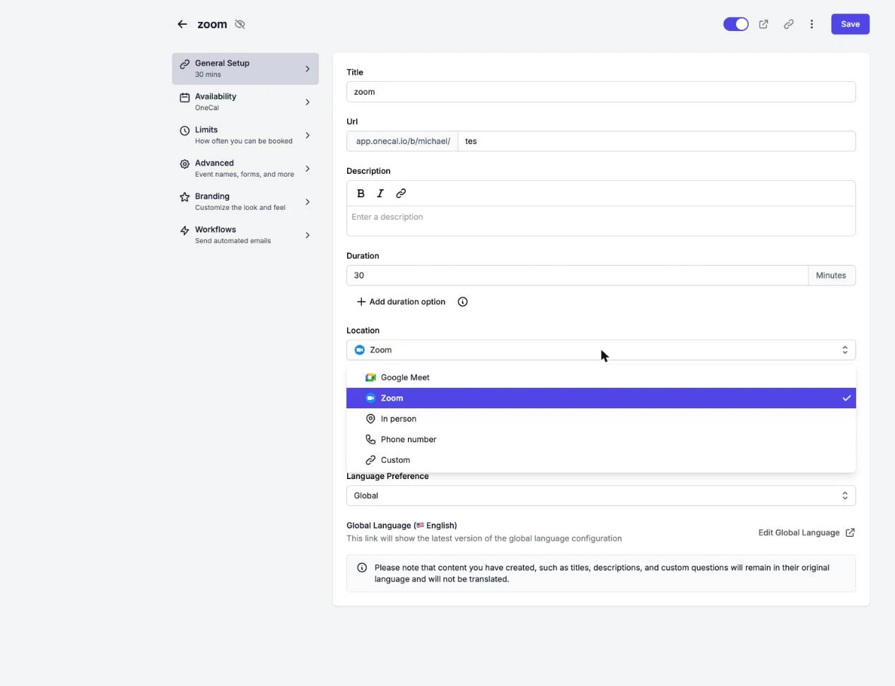 The booking link Location field with Google Meet selected