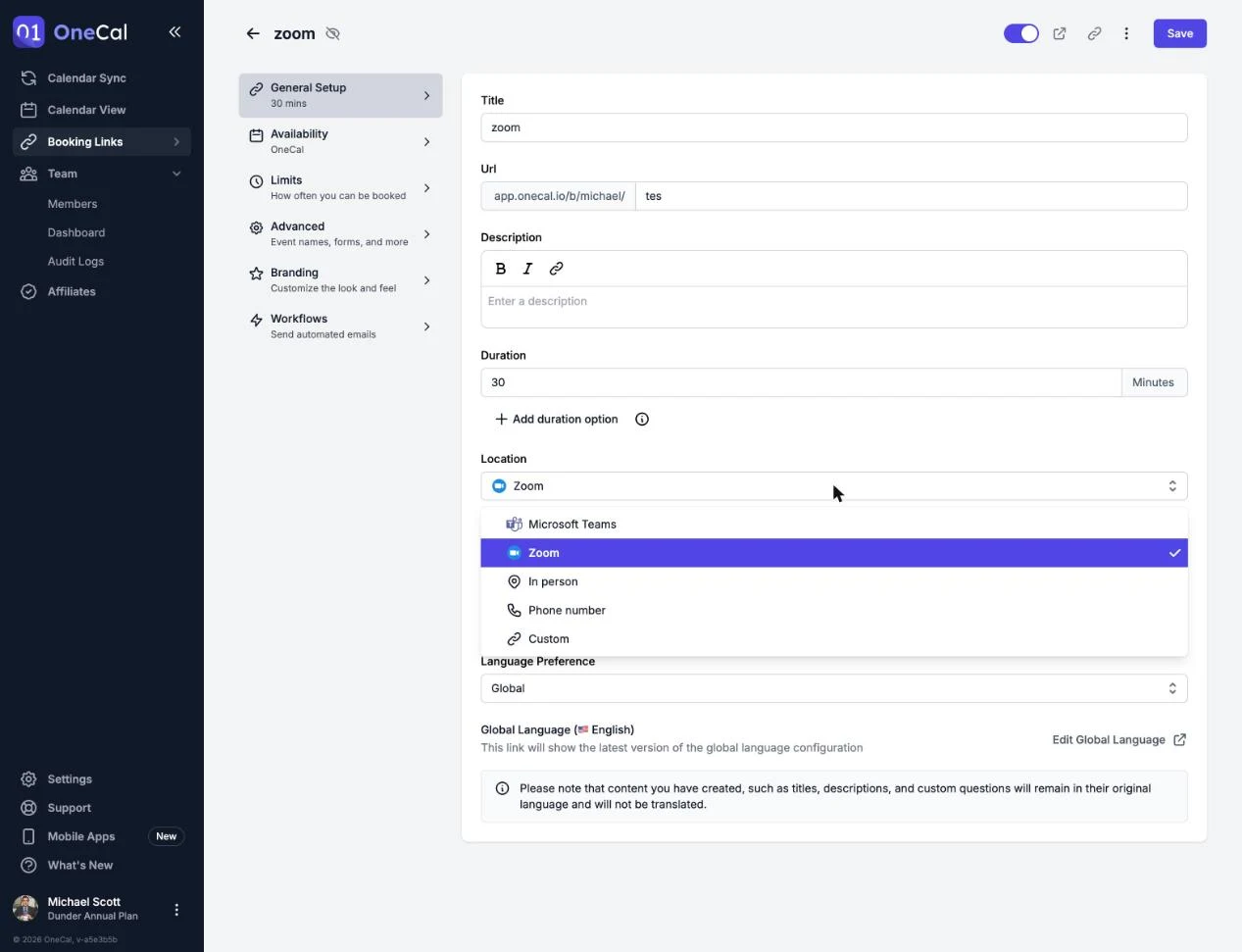 Il campo Località del link di prenotazione con Microsoft Teams selezionato