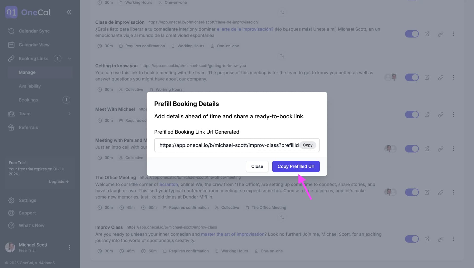 The generated prefilled booking URL