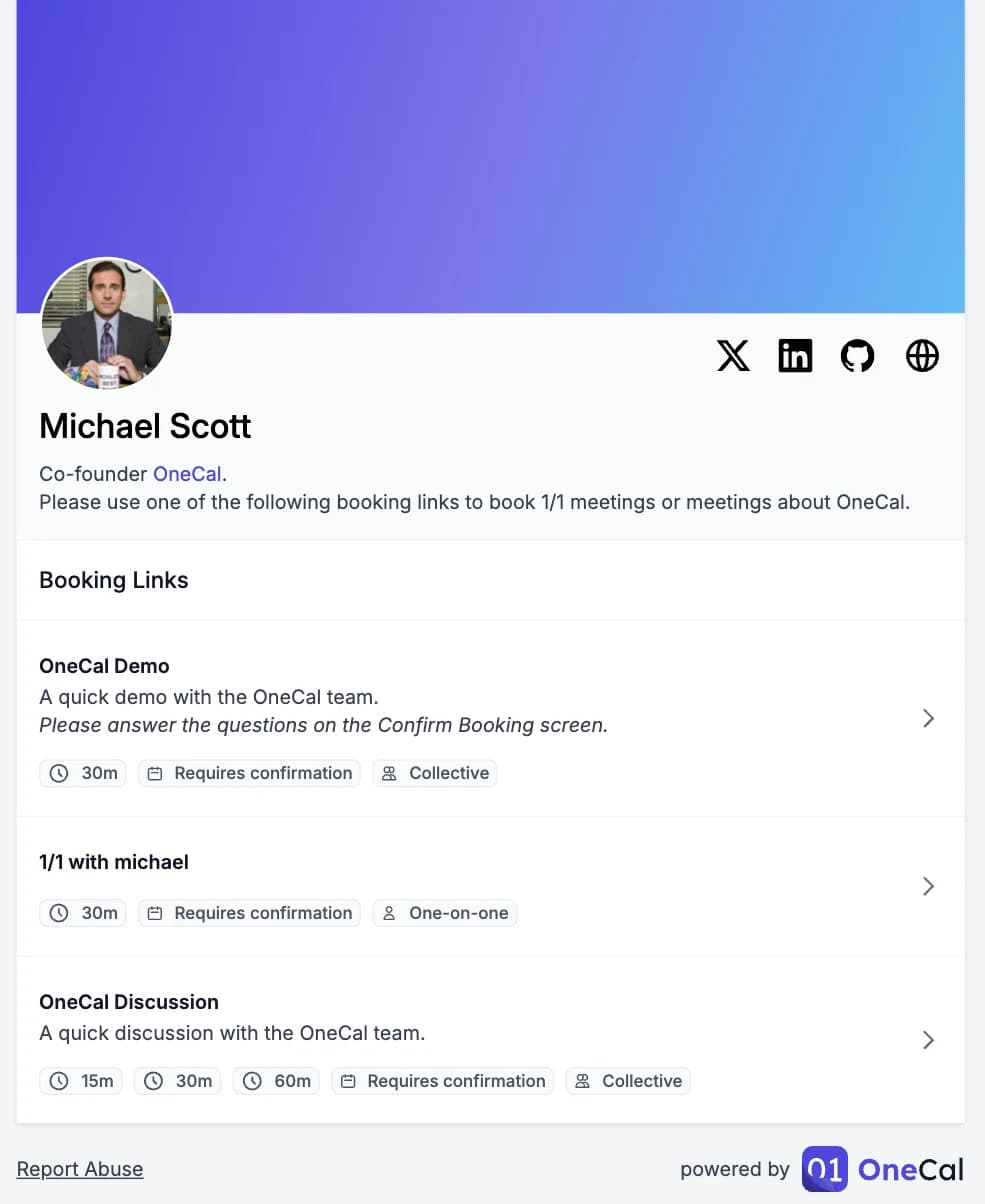 Una página de reservas pública mostrando la imagen de portada, el avatar, los íconos de redes sociales y la lista de enlaces de reserva