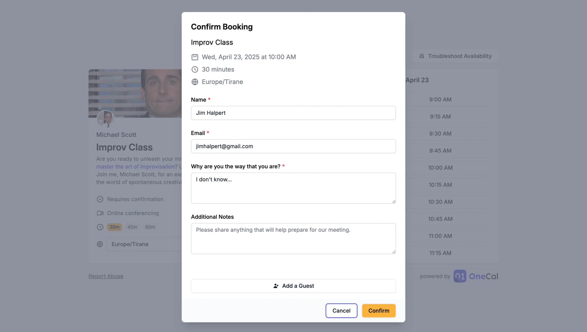The shared prefilled Booking Link when used by the scheduler