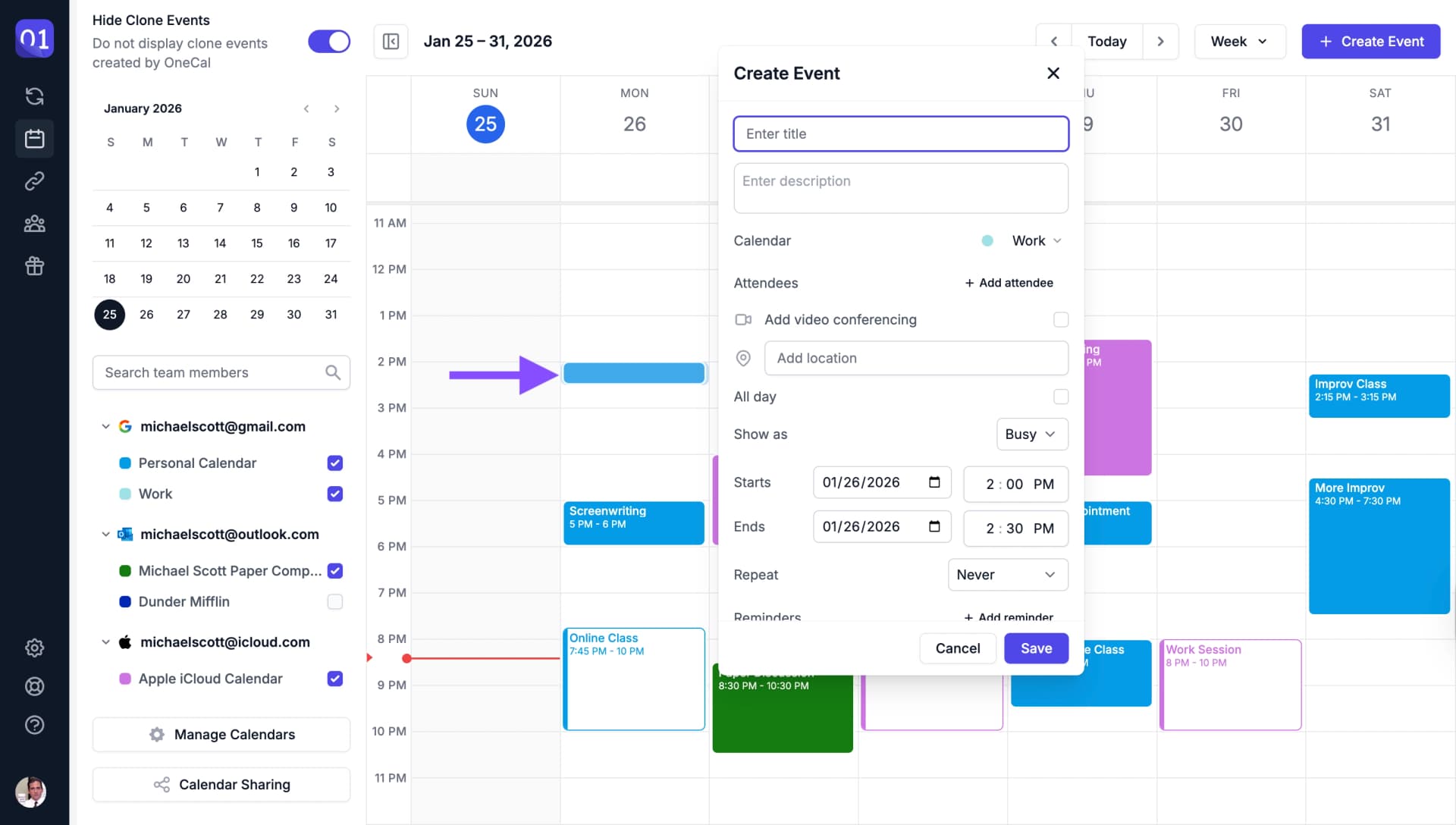 시간대를 클릭하여 회의 생성