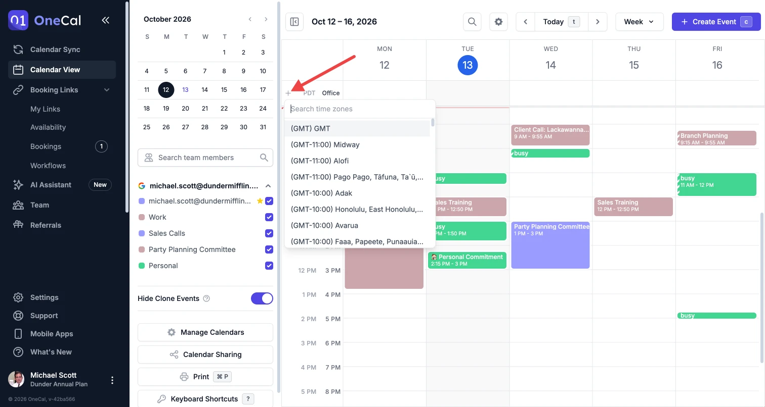 The time zone search opened from the + button