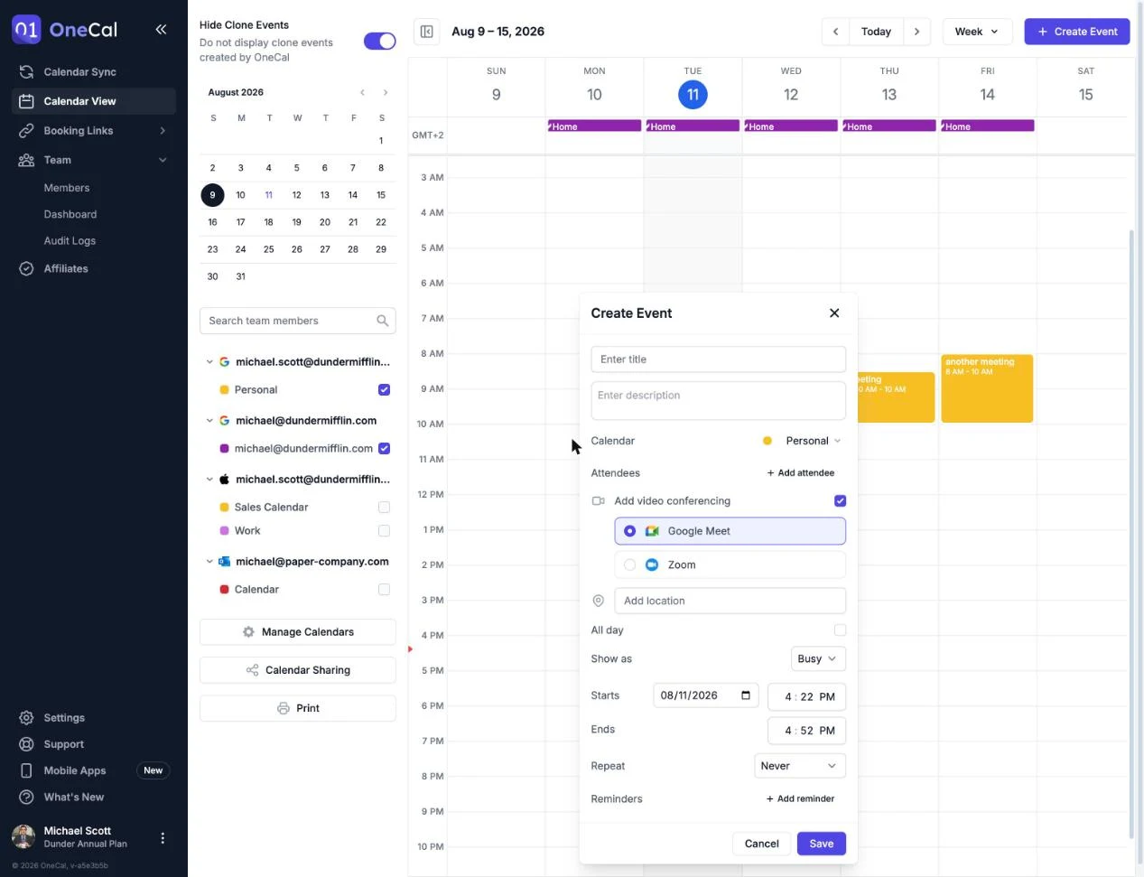 The event form with the Add video conferencing option showing Google Meet