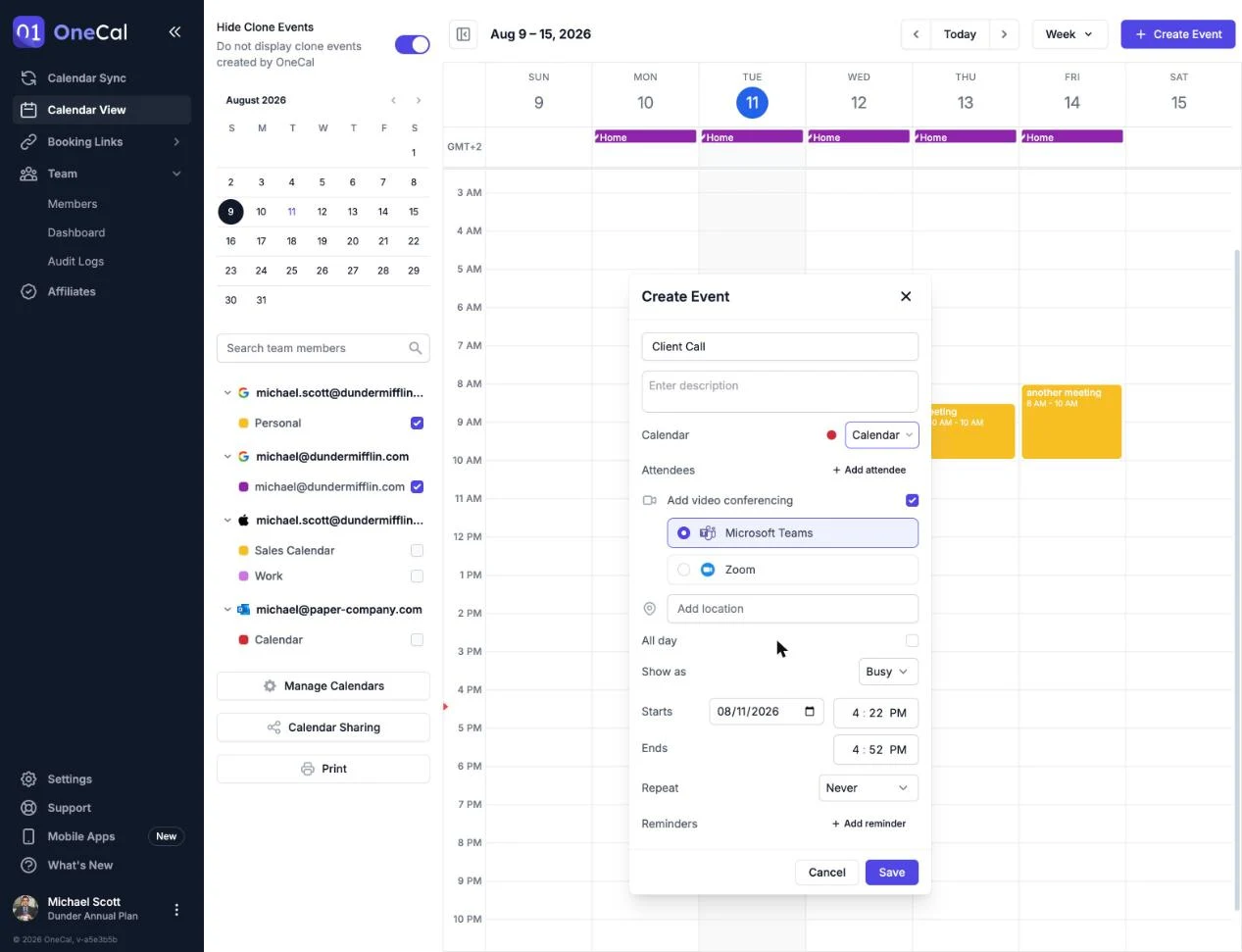 Il modulo dell'evento con l'opzione Aggiungi videoconferenza che mostra Microsoft Teams