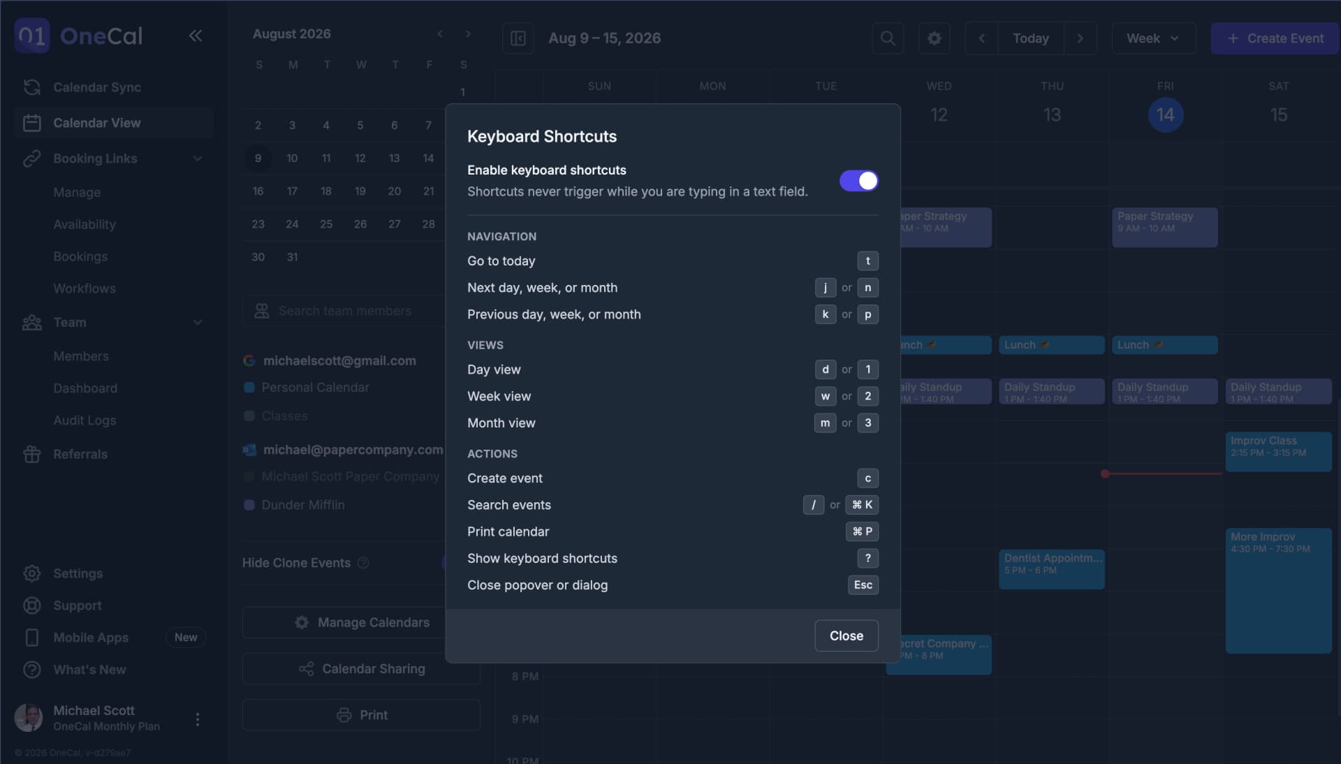 Keyboard Shortcuts dialog