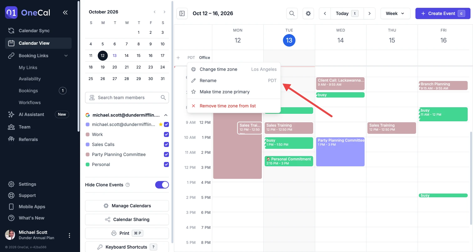 The time zone menu with the change, rename, make primary and remove options
