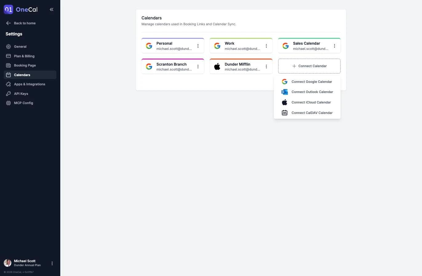 The Connect Calendar menu with the Connect CalDAV Calendar option