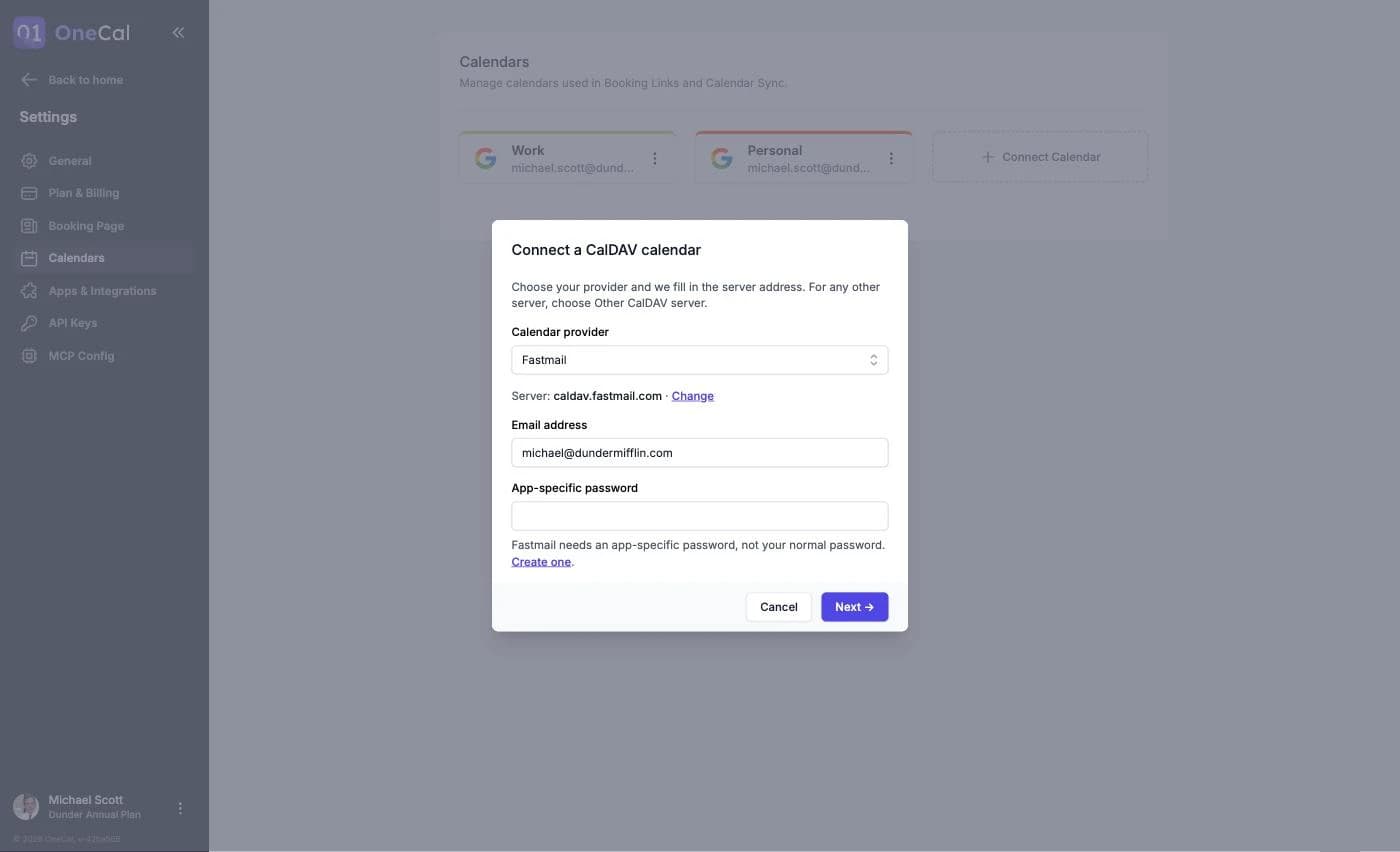 The Connect a CalDAV calendar modal with Fastmail selected, the email address and the app-specific password fields