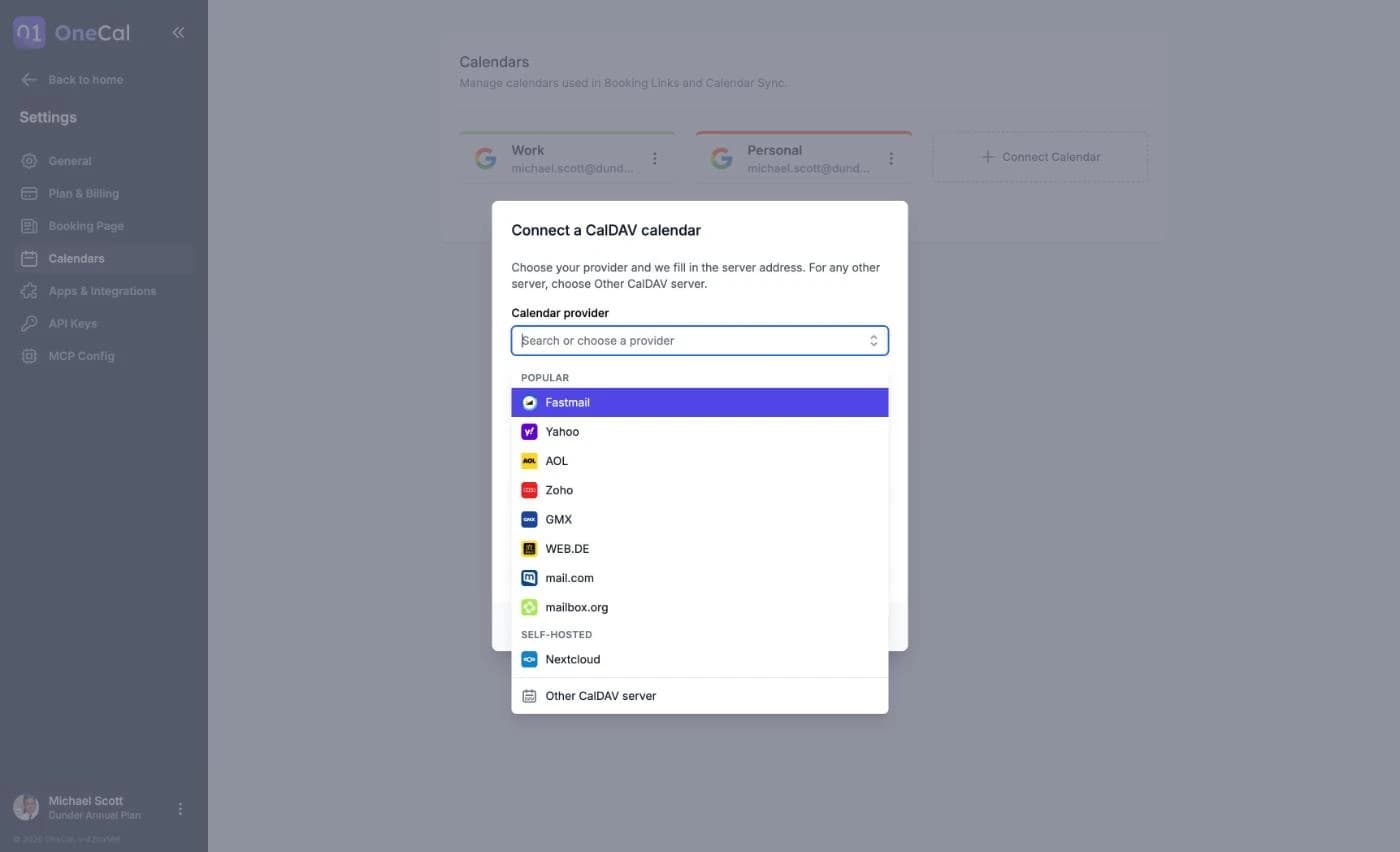 The Calendar provider list in the Connect a CalDAV calendar modal, with Fastmail, Yahoo, AOL, Zoho, GMX, WEB.DE, mail.com, mailbox.org, Nextcloud and Other CalDAV server