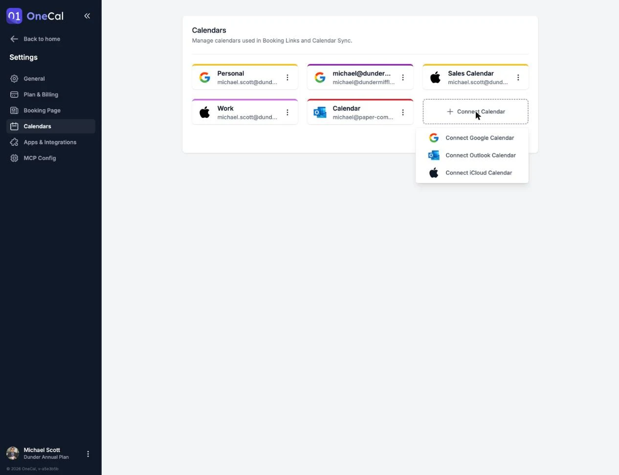 Il menu Collega Calendario con le tre opzioni dei provider
