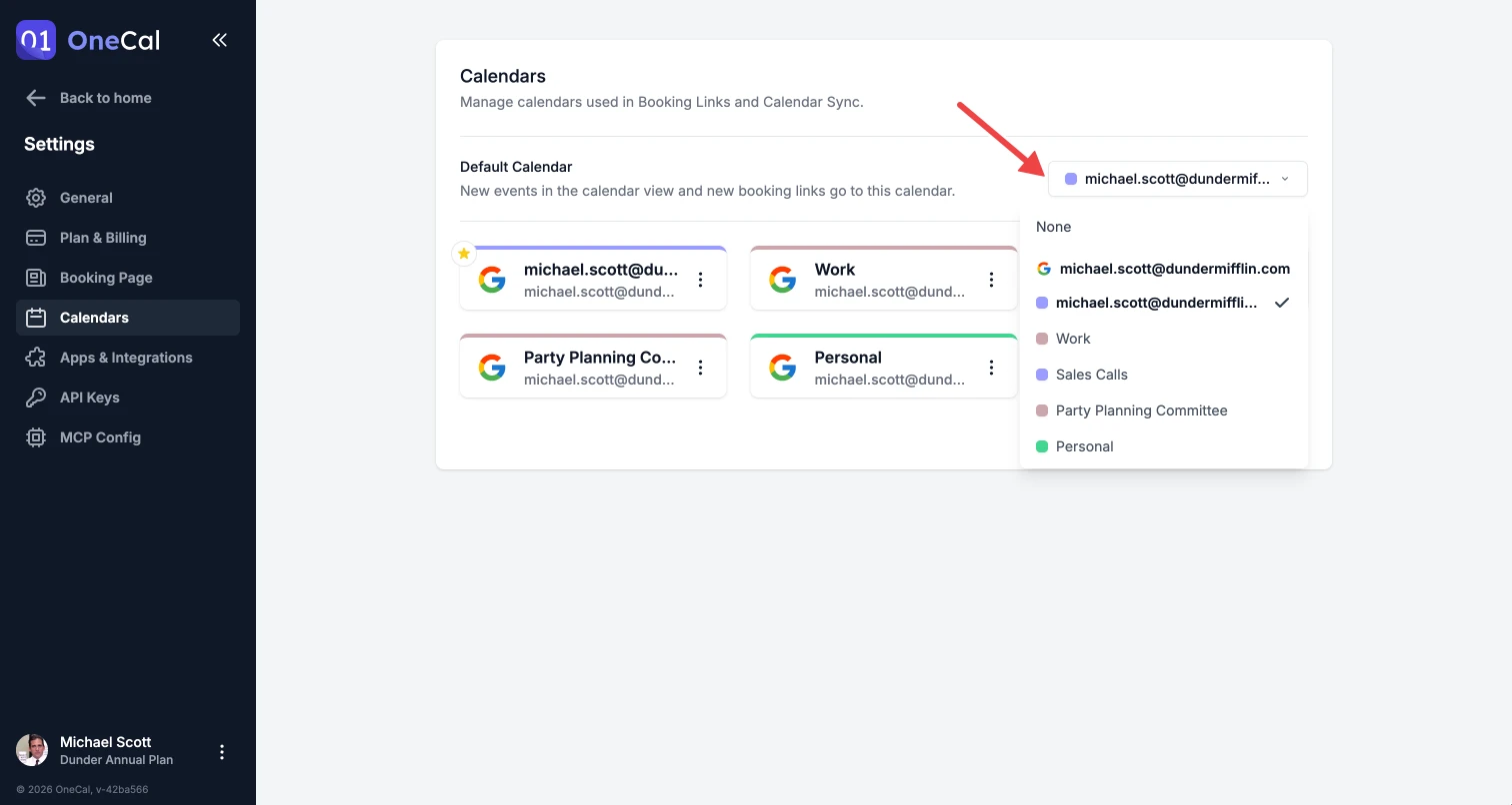 The Default Calendar menu on the Calendars settings page