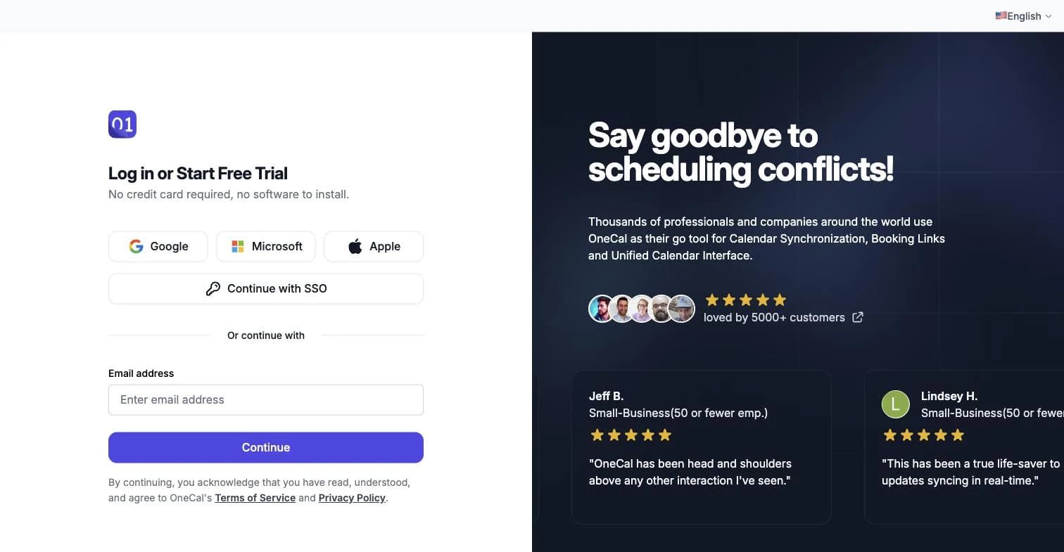 La pagina di registrazione di OneCal con le opzioni Email, Google, Microsoft e Apple