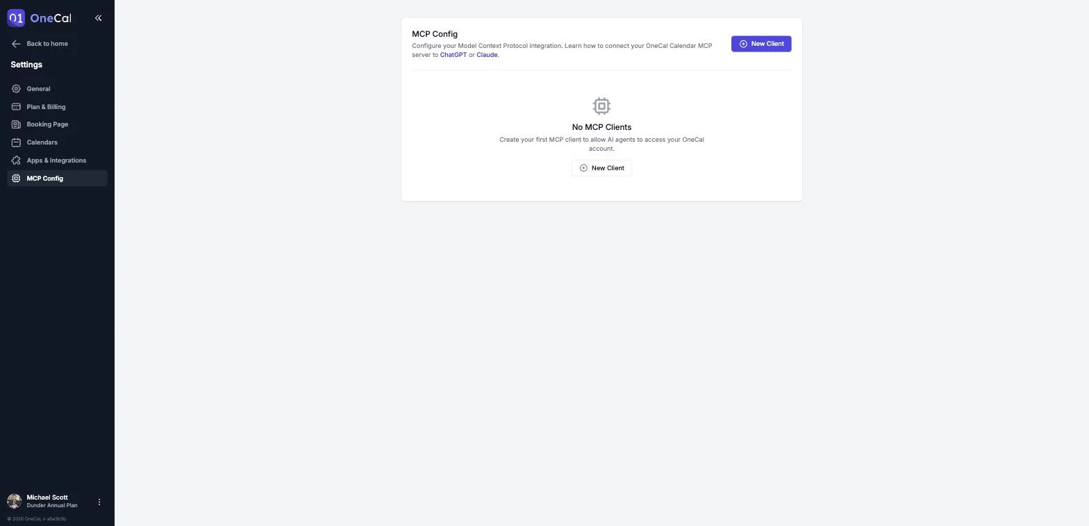 The MCP Config page with the list of MCP clients