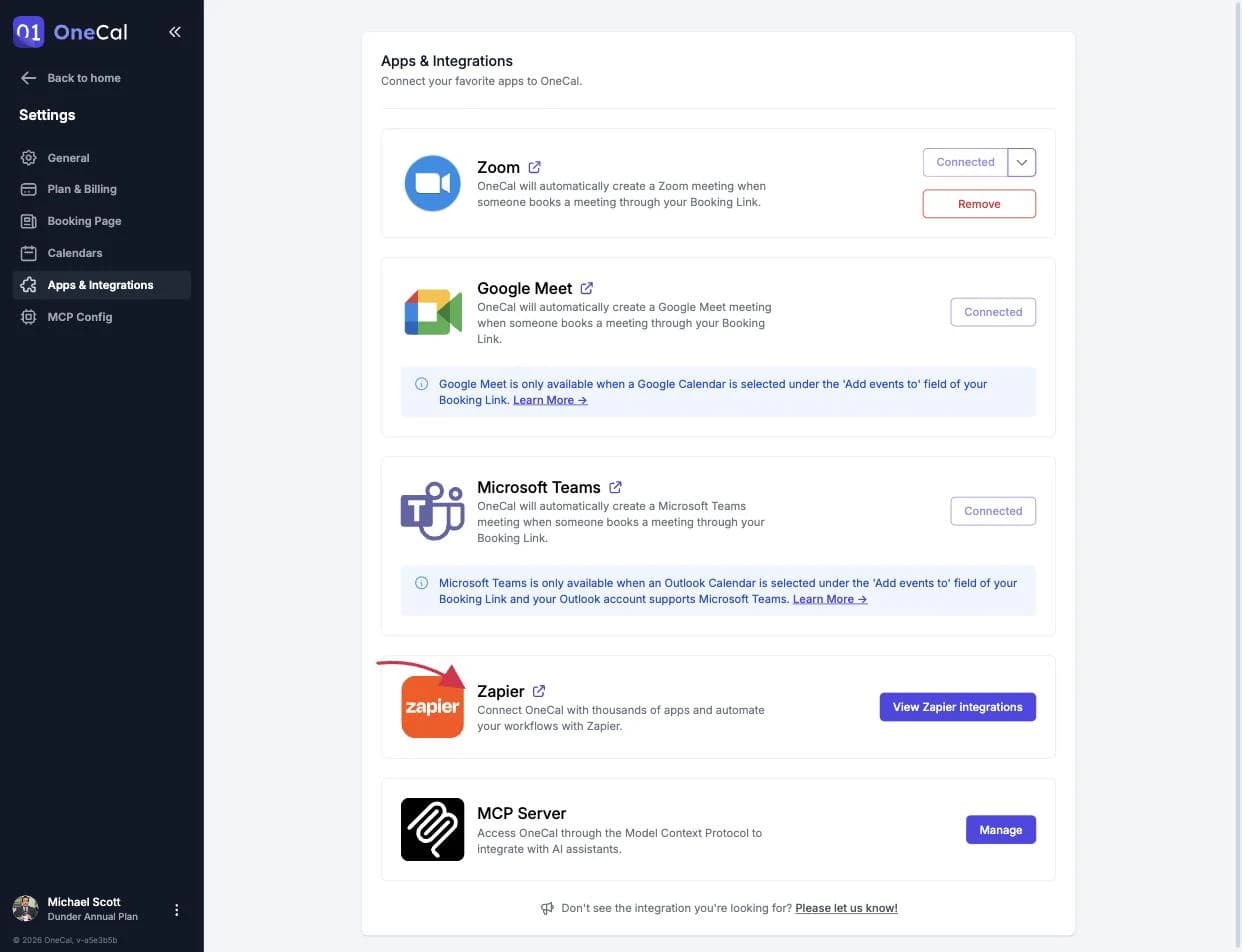 The Zapier card on the Apps & Integrations page
