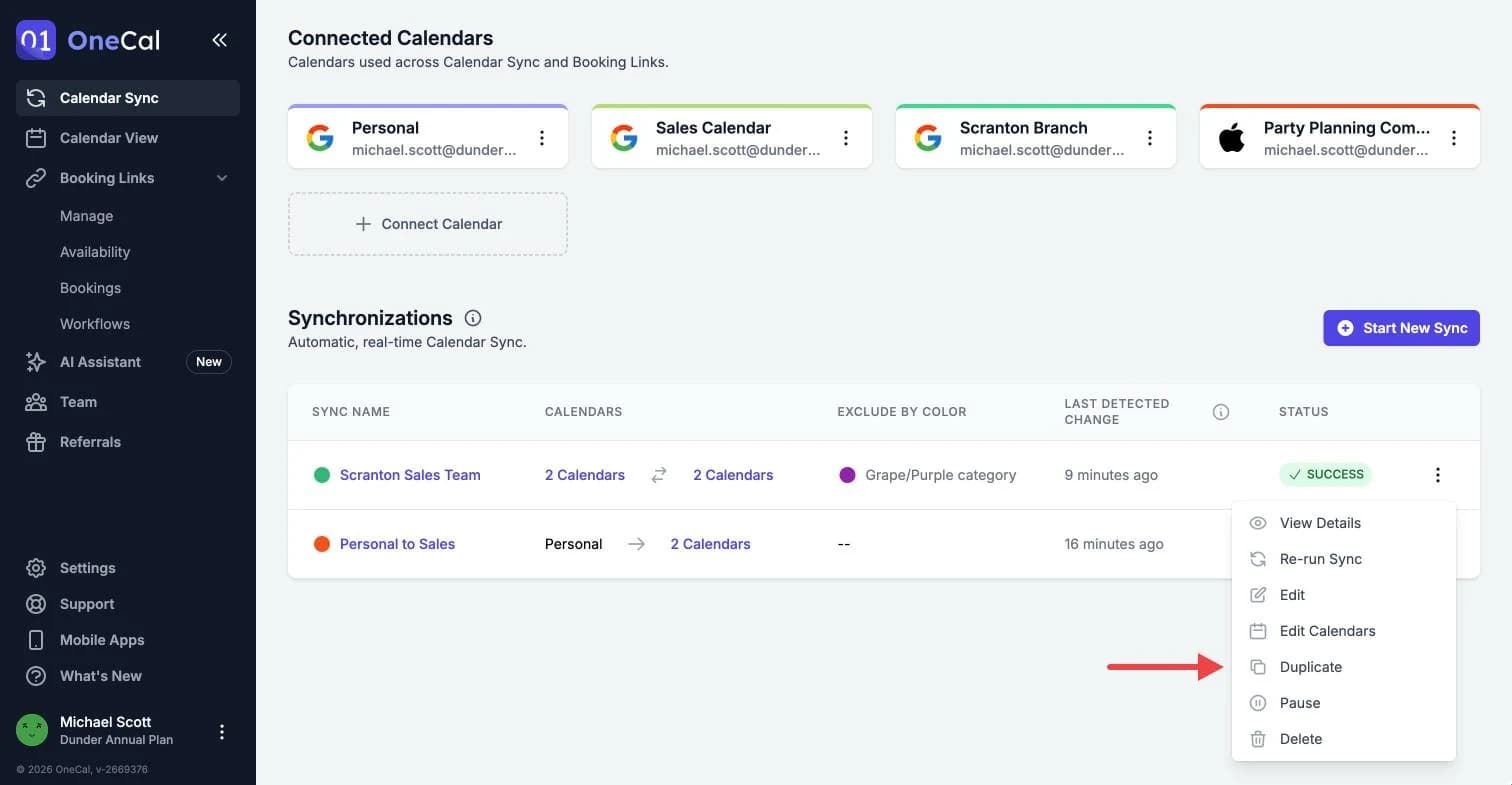 The sync actions menu with the Duplicate option highlighted