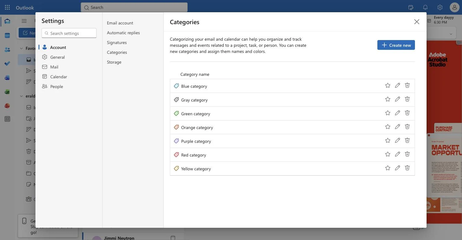 The Outlook web settings with the Categories list showing the seven default color categories
