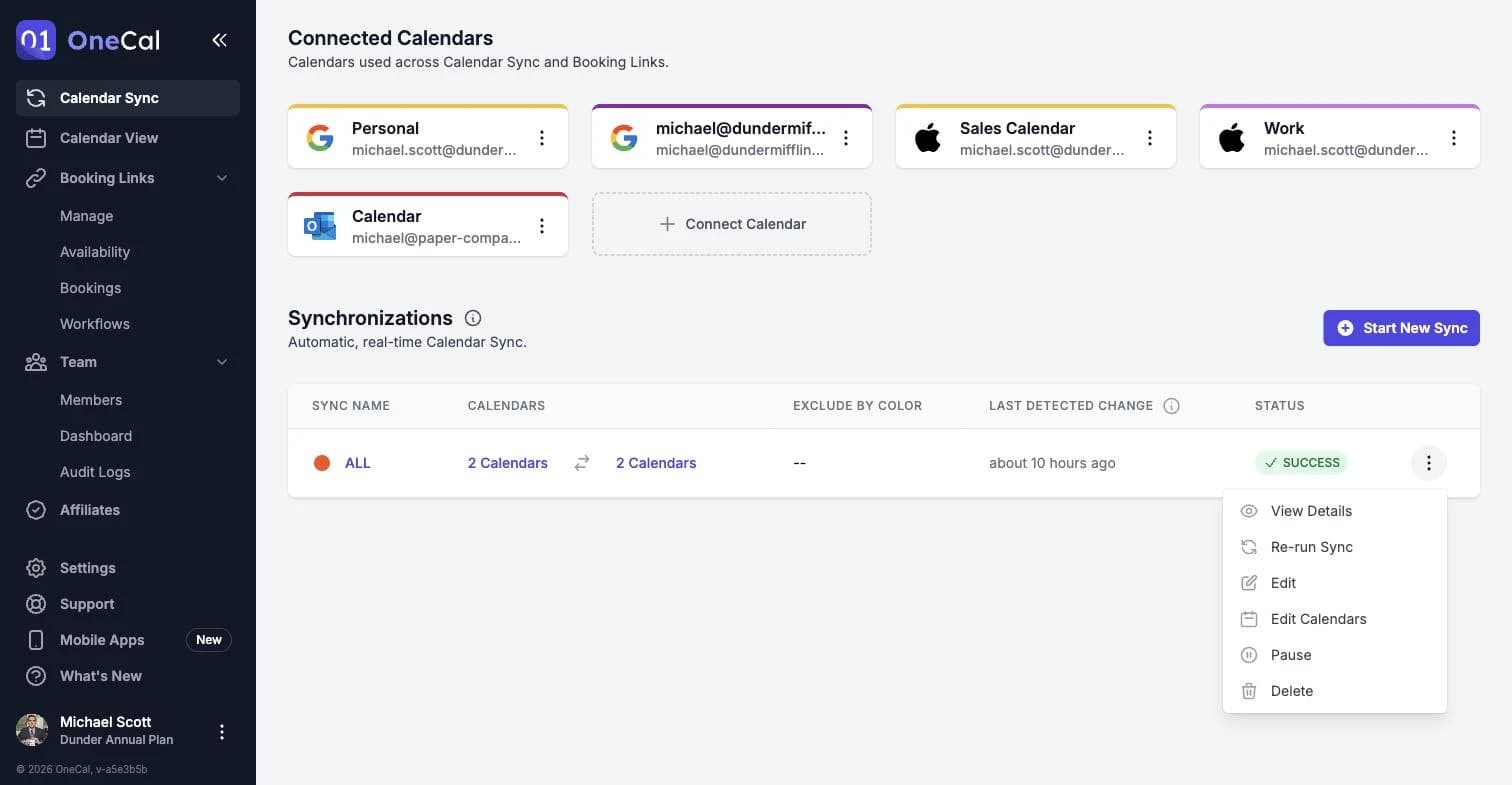 The sync actions menu on the dashboard, with View Details, Re-run Sync, Edit, Edit Calendars, Pause and Delete