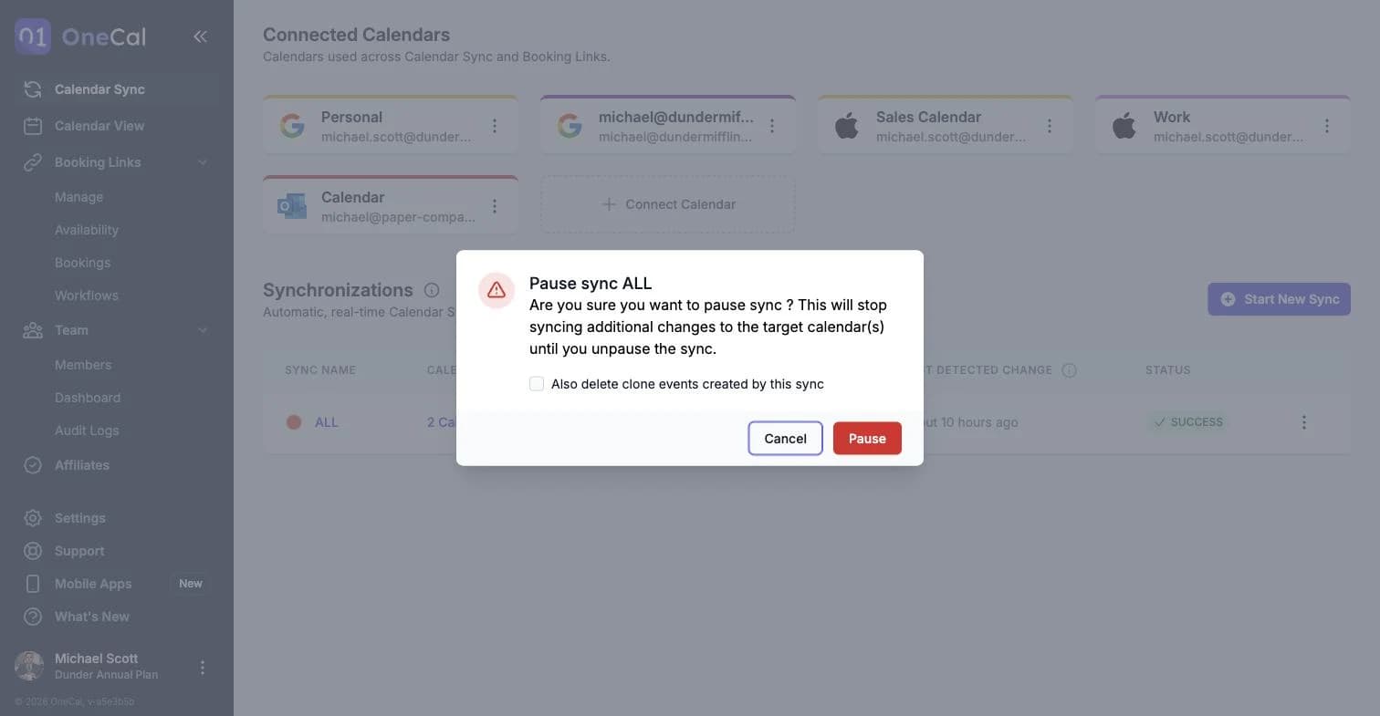 The Pause sync dialog with the option to also delete clone events created by the sync