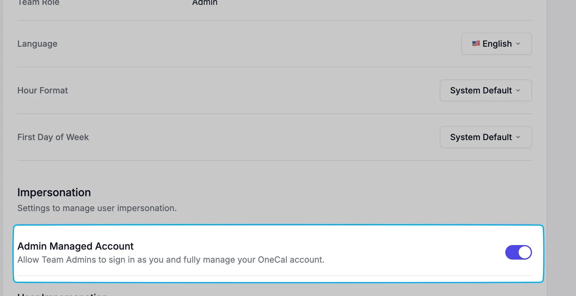Admin Managed Account Setting
