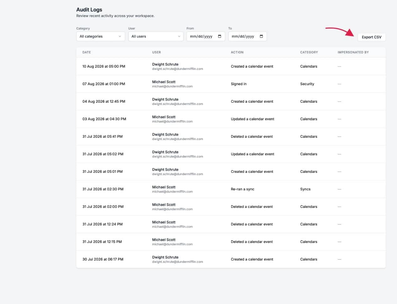The Export CSV button above the audit logs table