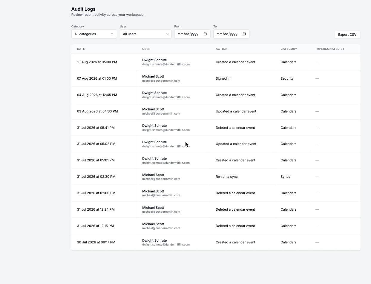 The Audit Logs page with the filters and the events table