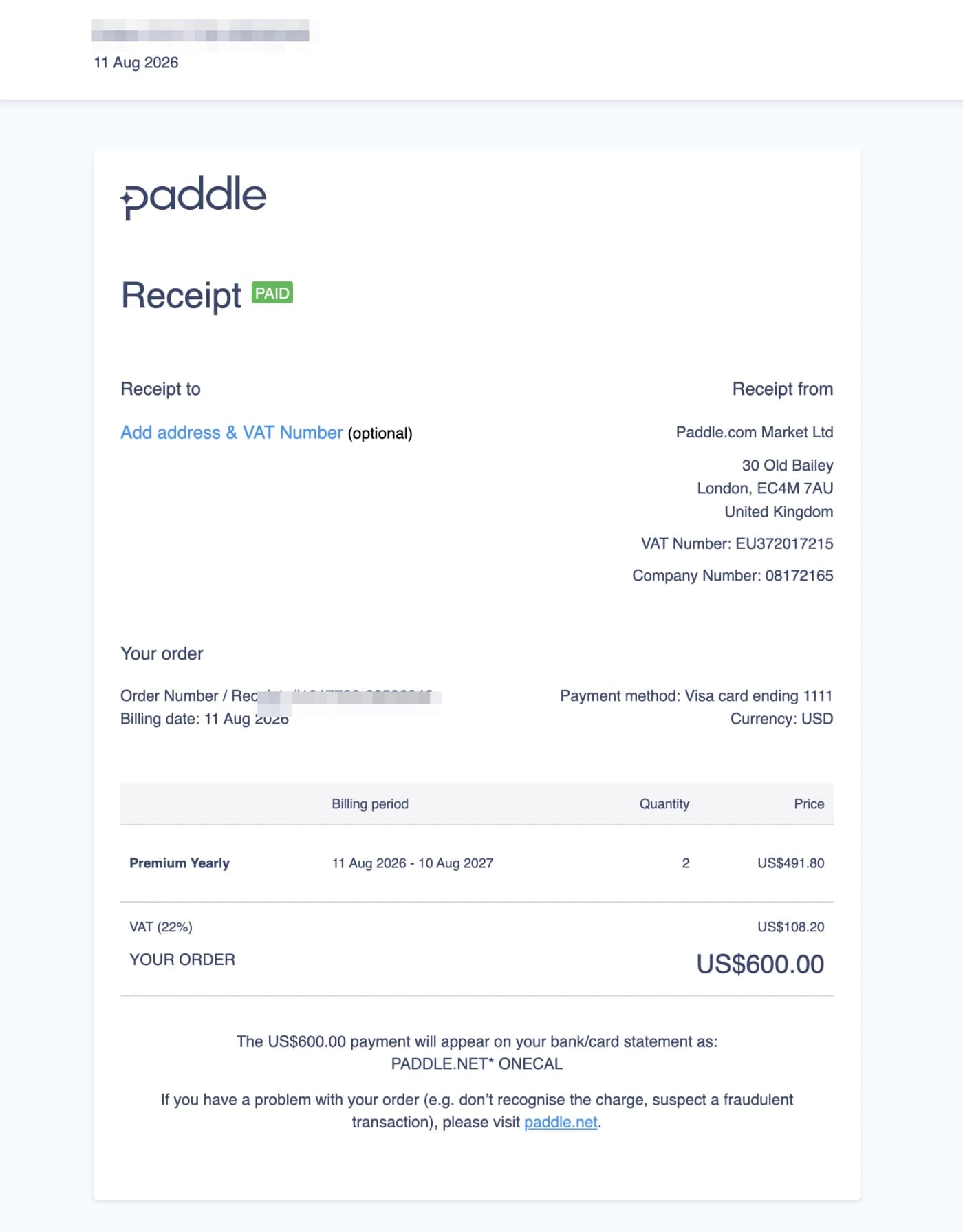 La pagina della ricevuta di Paddle con l'opzione Add address & VAT Number