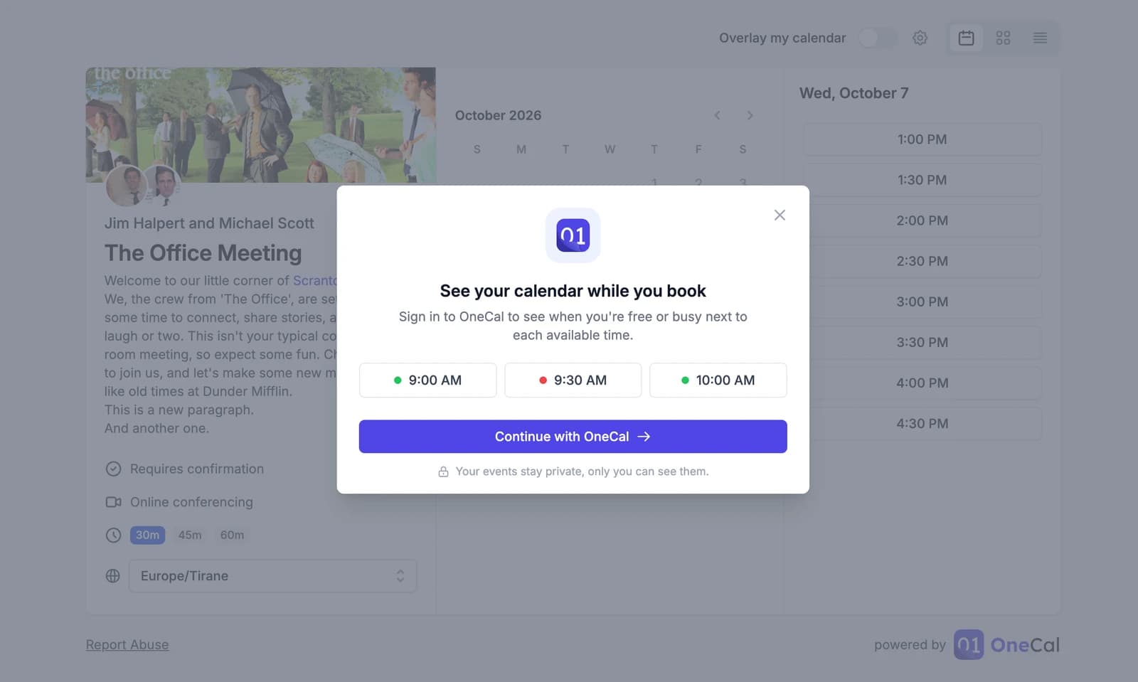 「OneCalで続ける」ボタンがある「予約しながら自分のカレンダーを確認」ウィンドウ