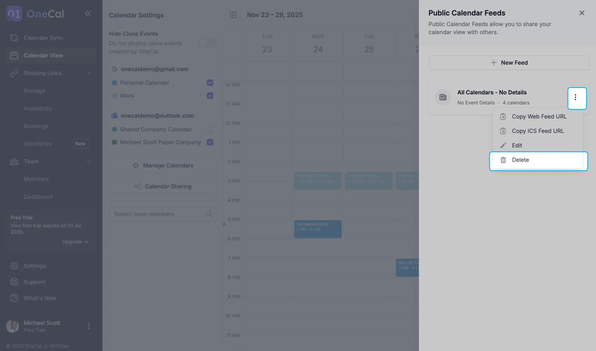 Delete Calendar Feed