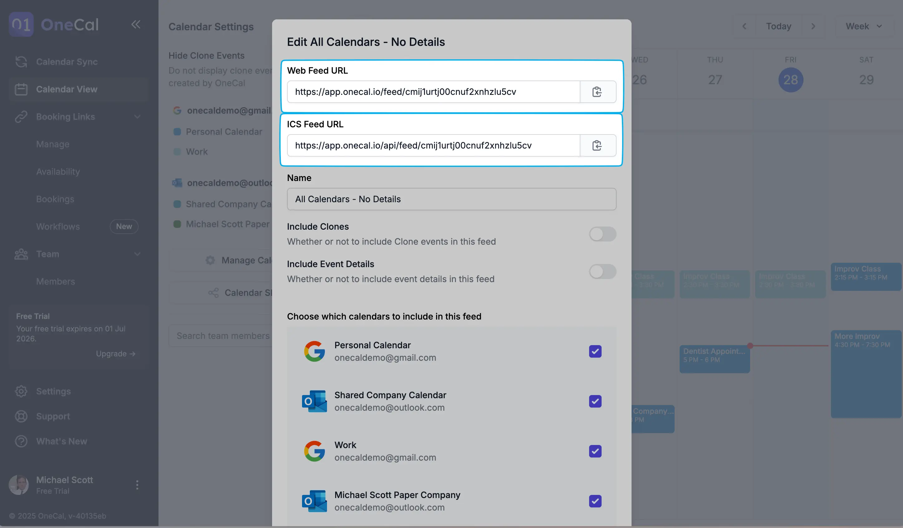 Web Feed URL and ICS Feed URL