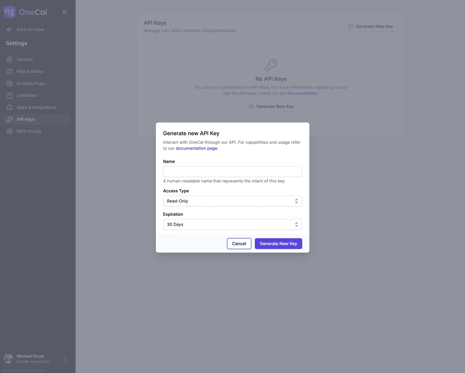 The Generate new API Key modal with the name, access type and expiration fields