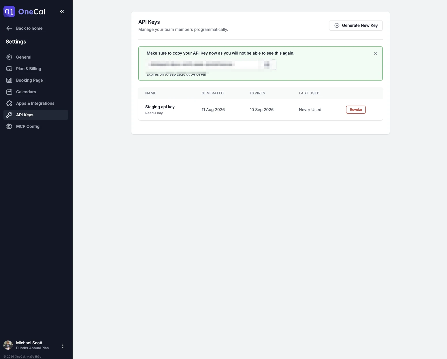 The API Keys list with the expiration and last used columns