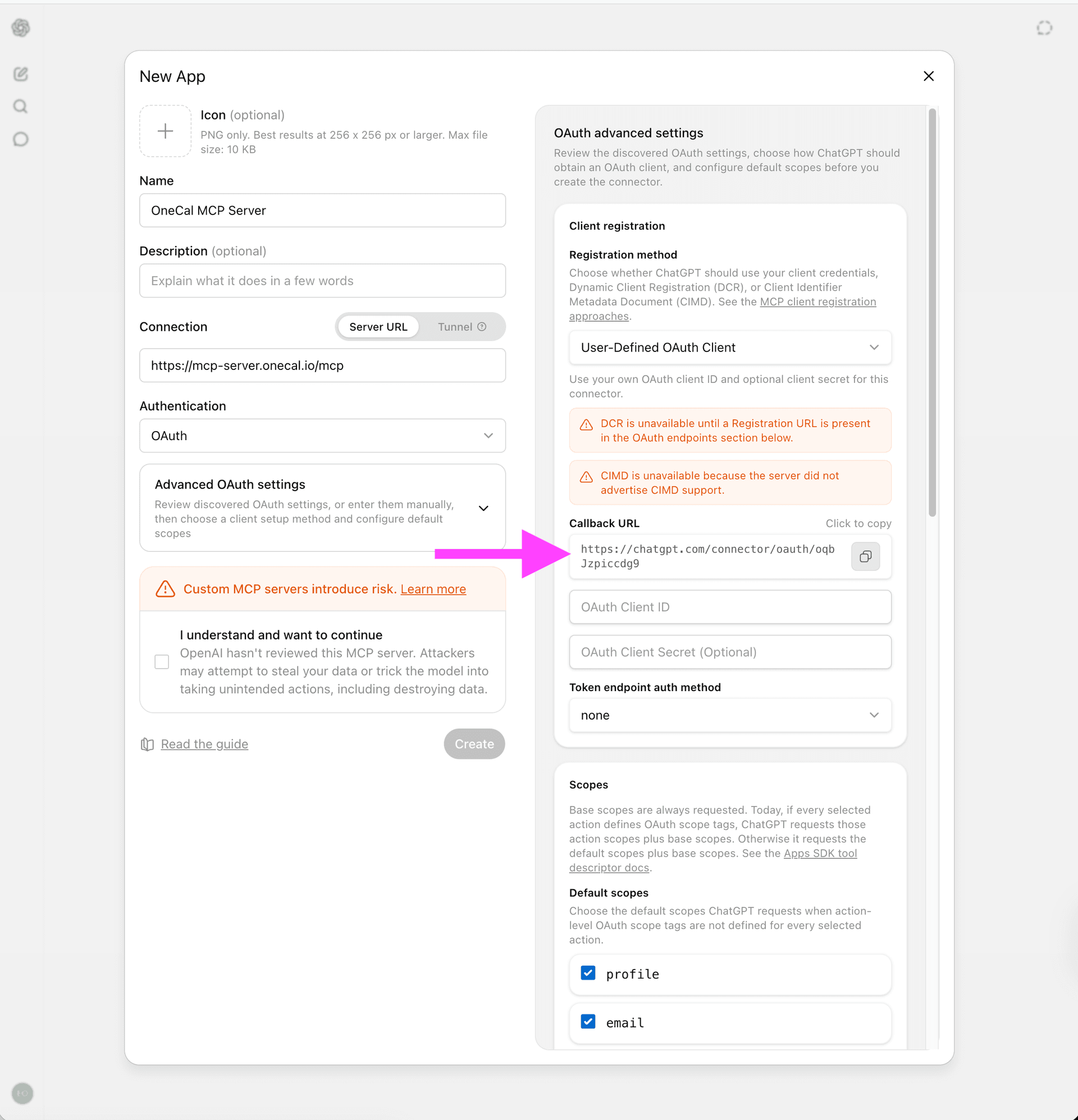 ChatGPT OAuth-erweiterte Einstellungen mit der Registration method und der zu kopierenden Callback URL